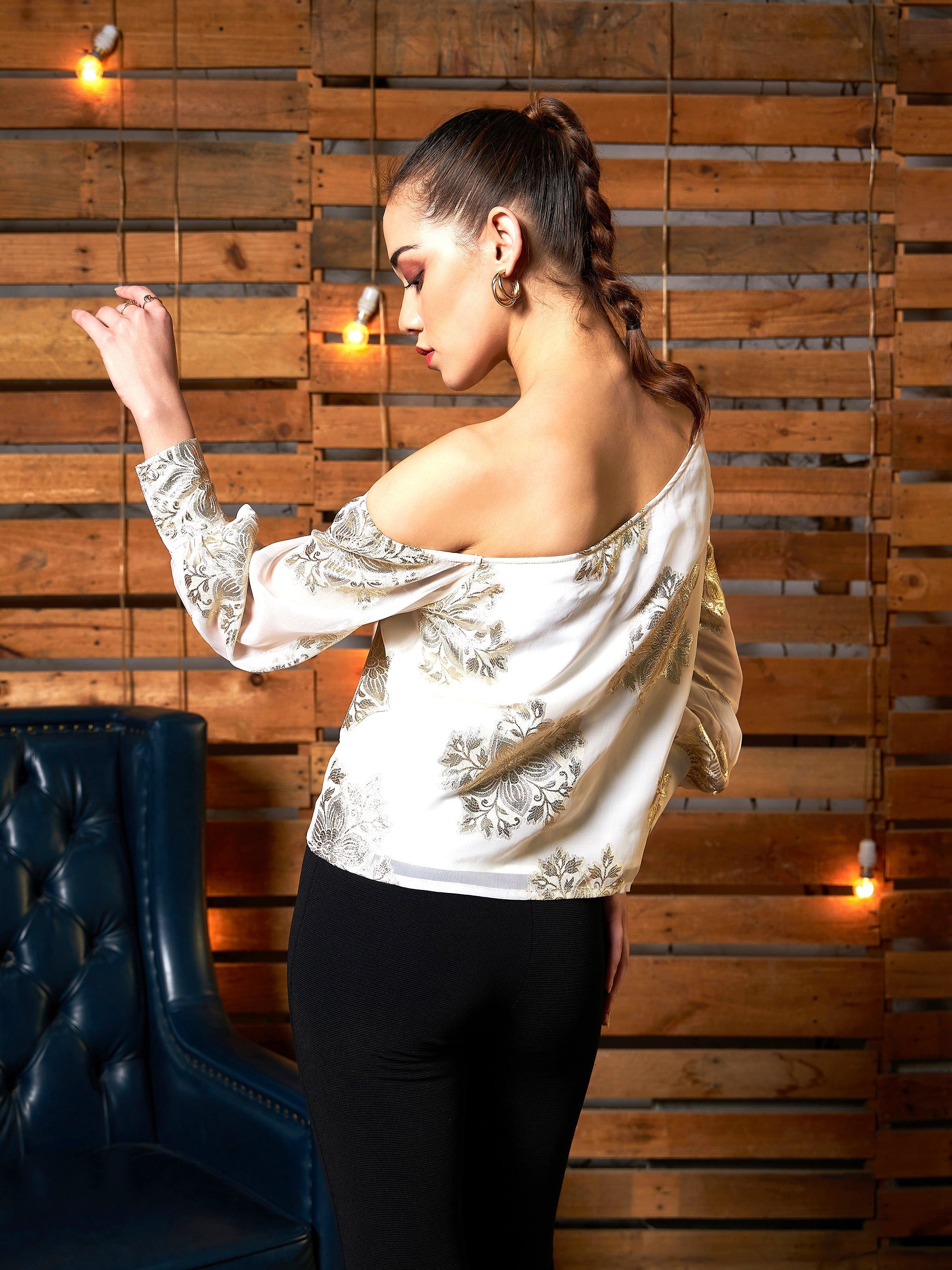 Women White Jacquard One Shoulder Top