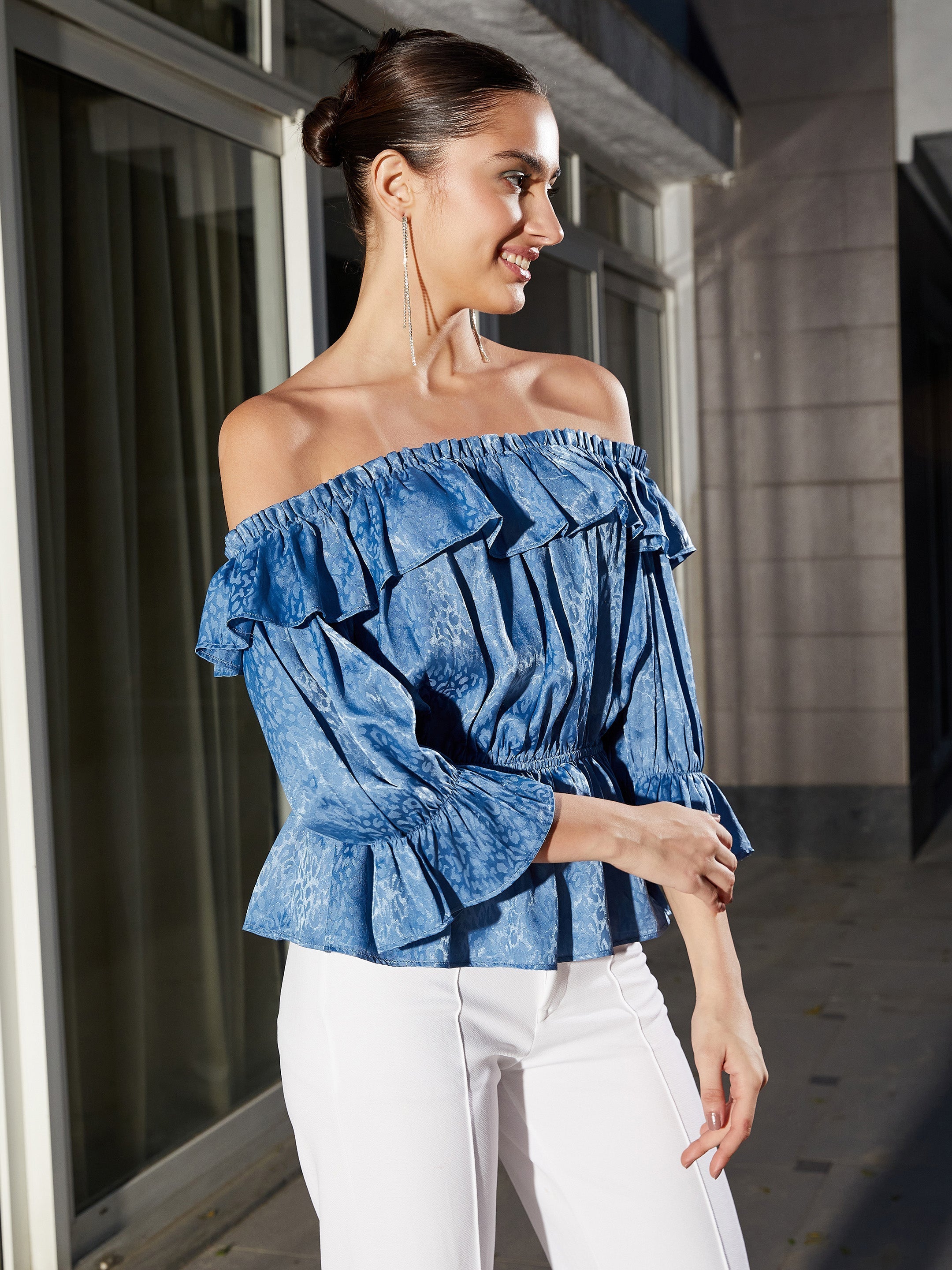 Women Blue Jacquard Off Shoulder Frilly Peplum Top