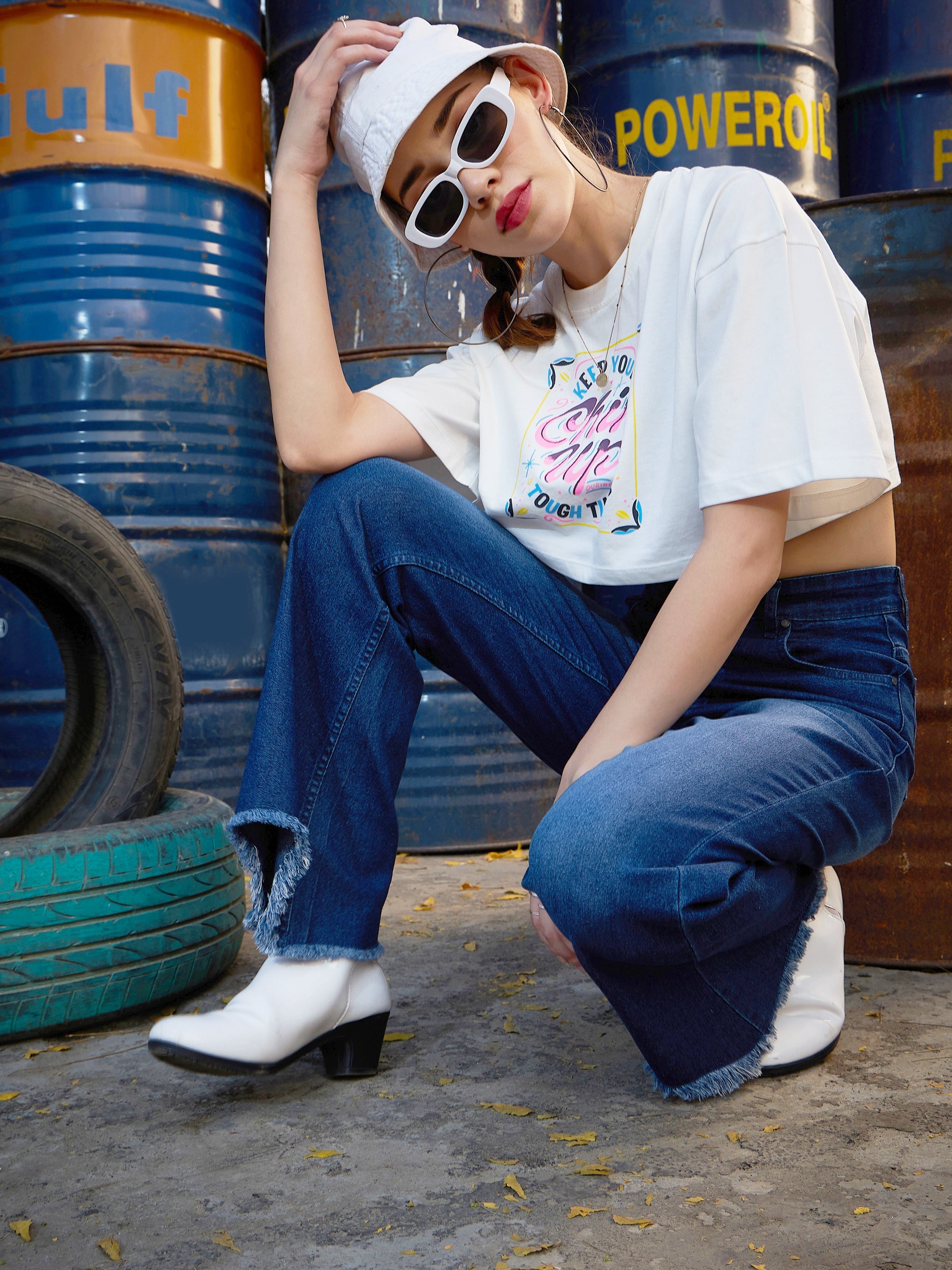 Women White CHIN UP Print Crop T Shirt