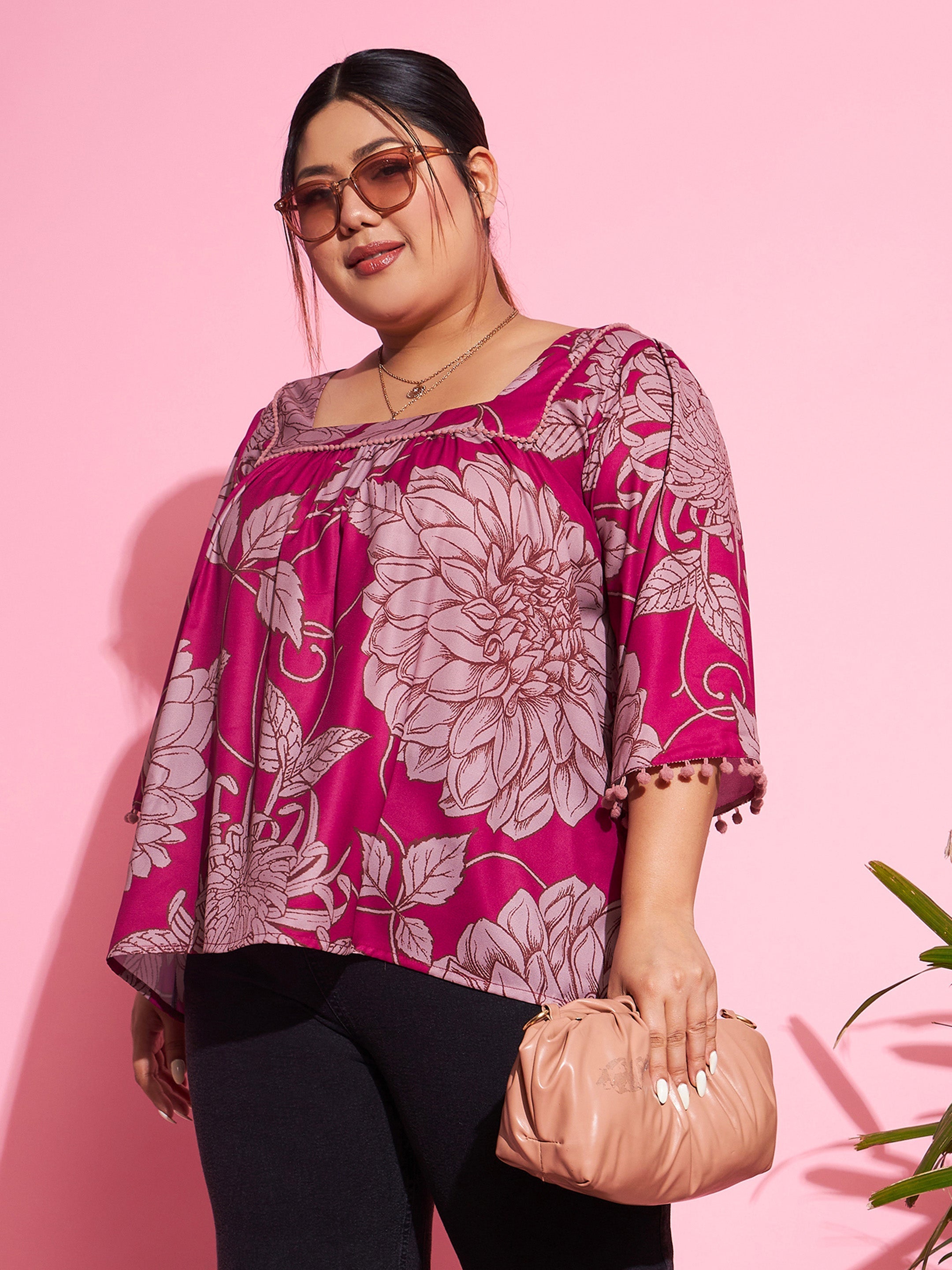 Women Magenta Floral Square Neck Top