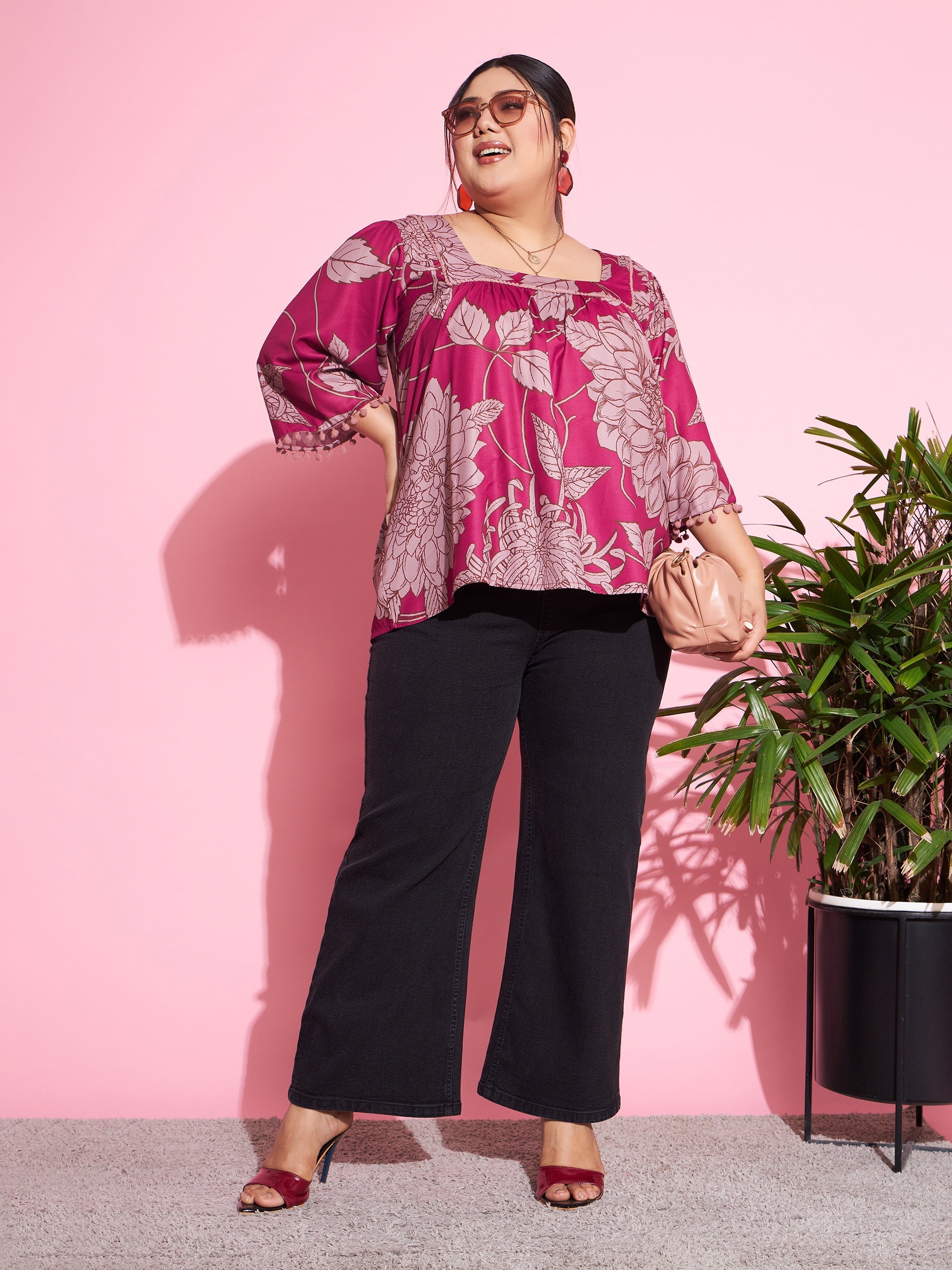 Women Magenta Floral Square Neck Top