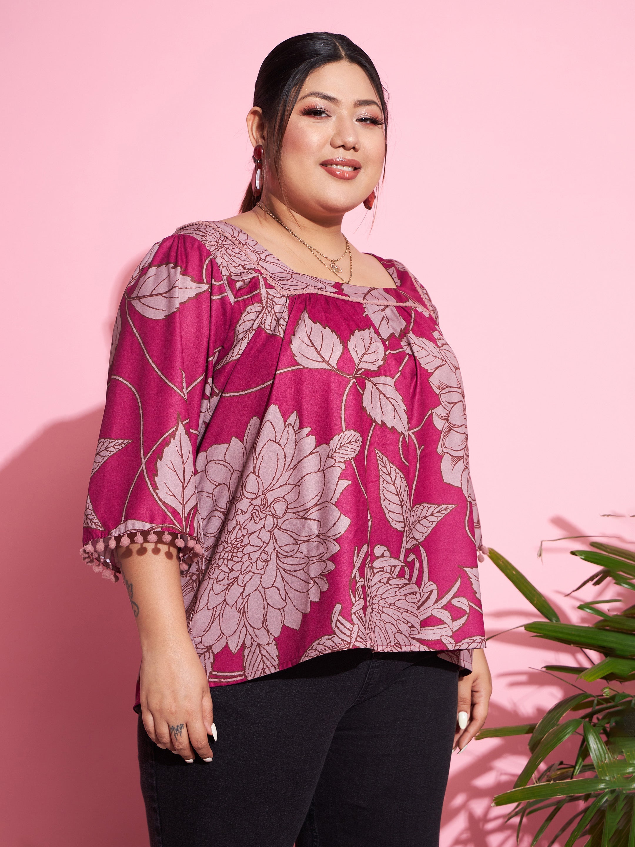 Women Magenta Floral Square Neck Top