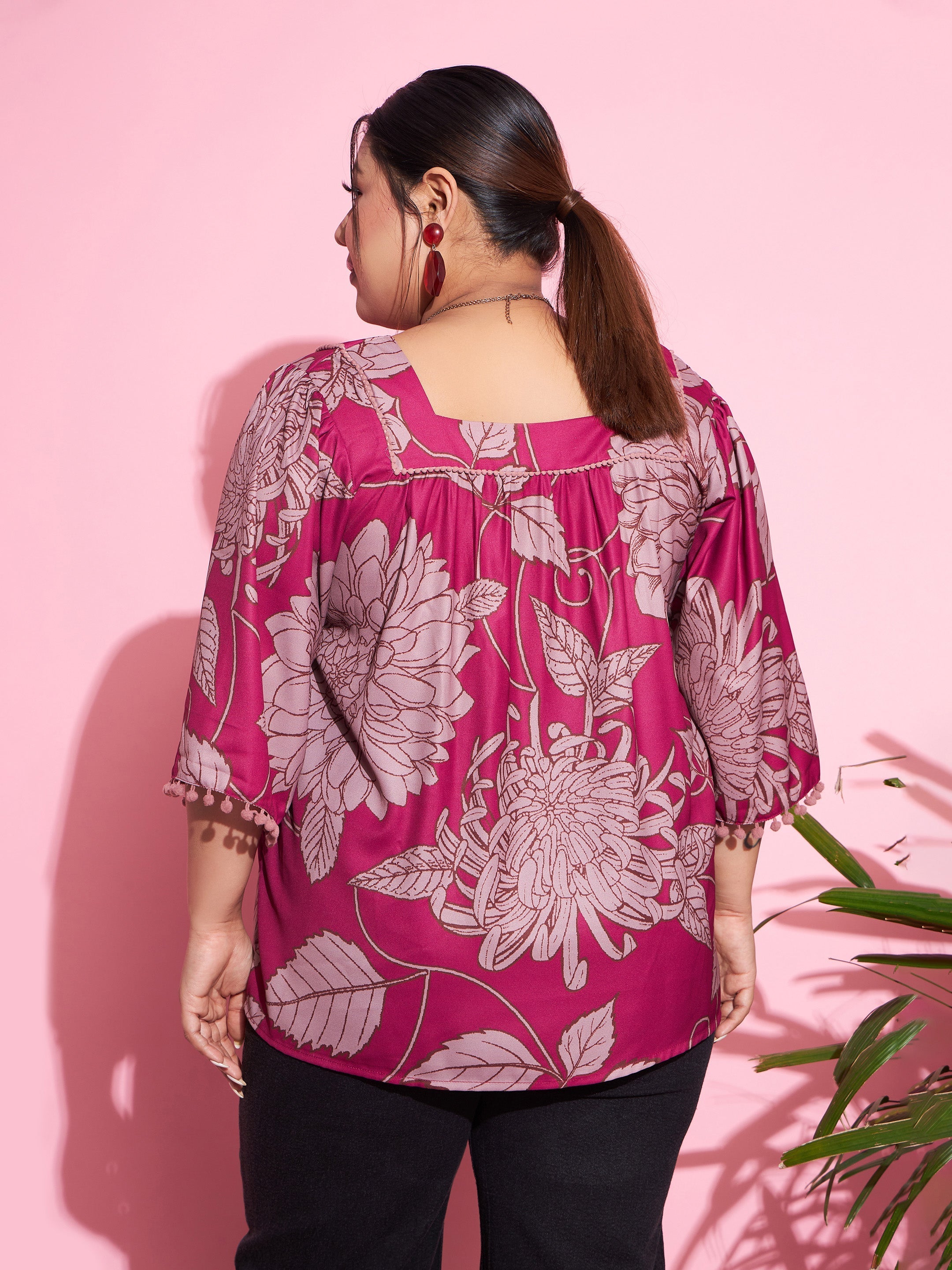 Women Magenta Floral Square Neck Top