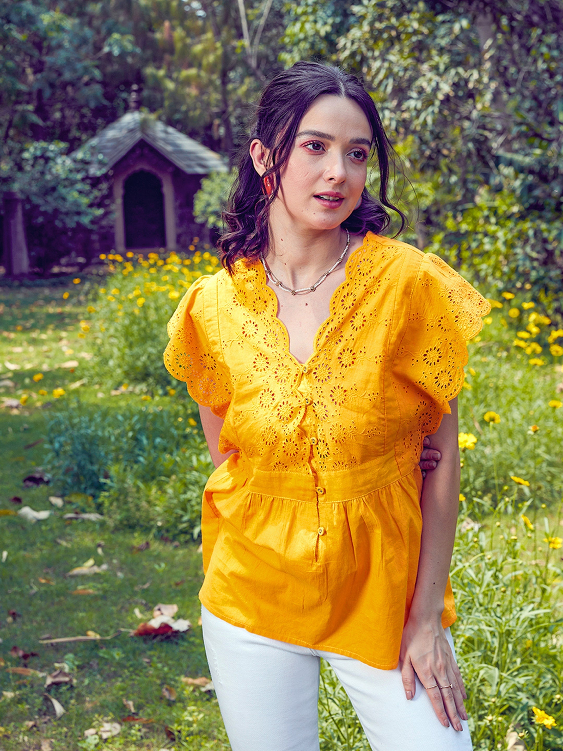 Women Mustard Schiffli V-Neck Top