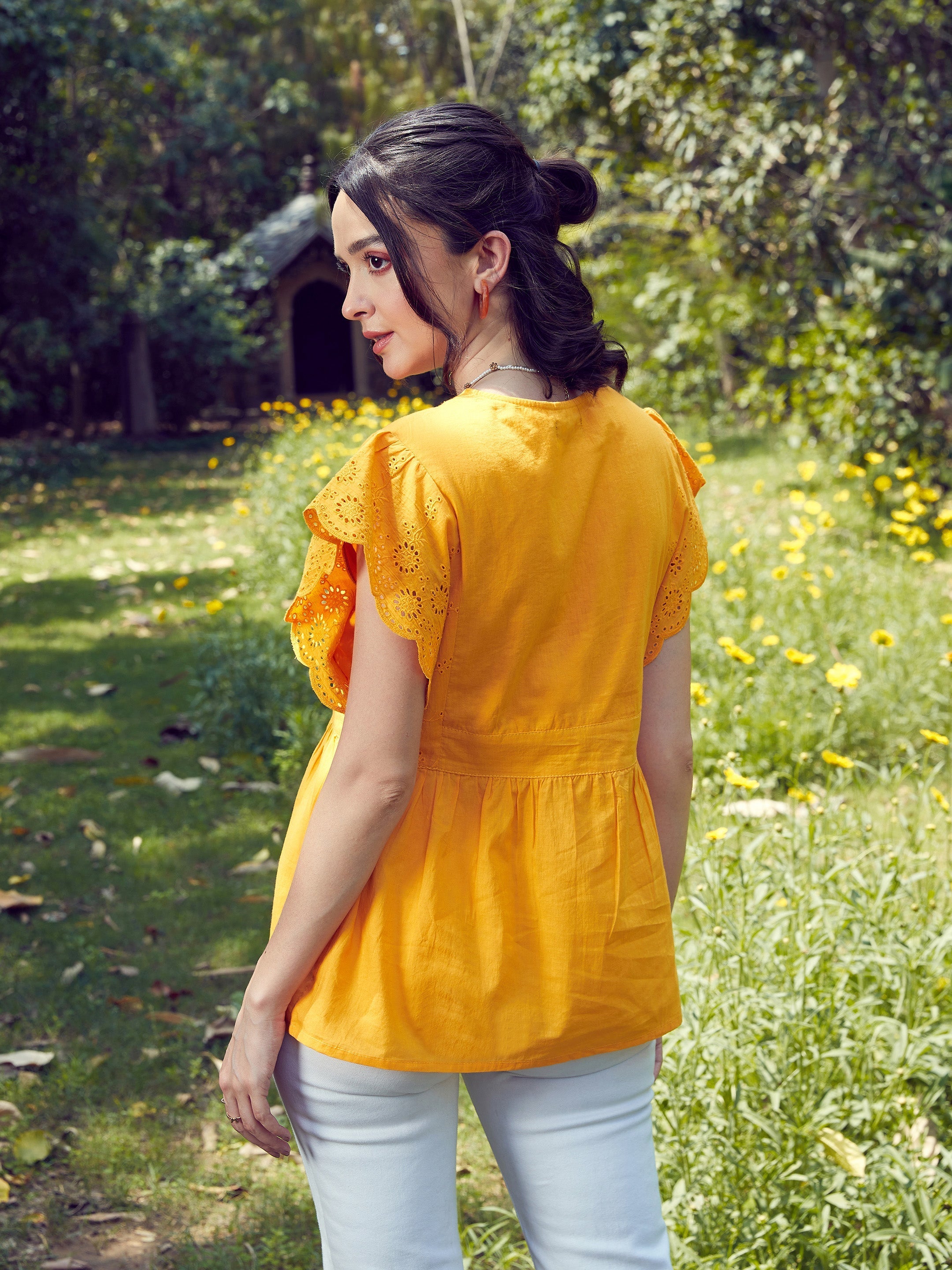 Women Mustard Schiffli V-Neck Top