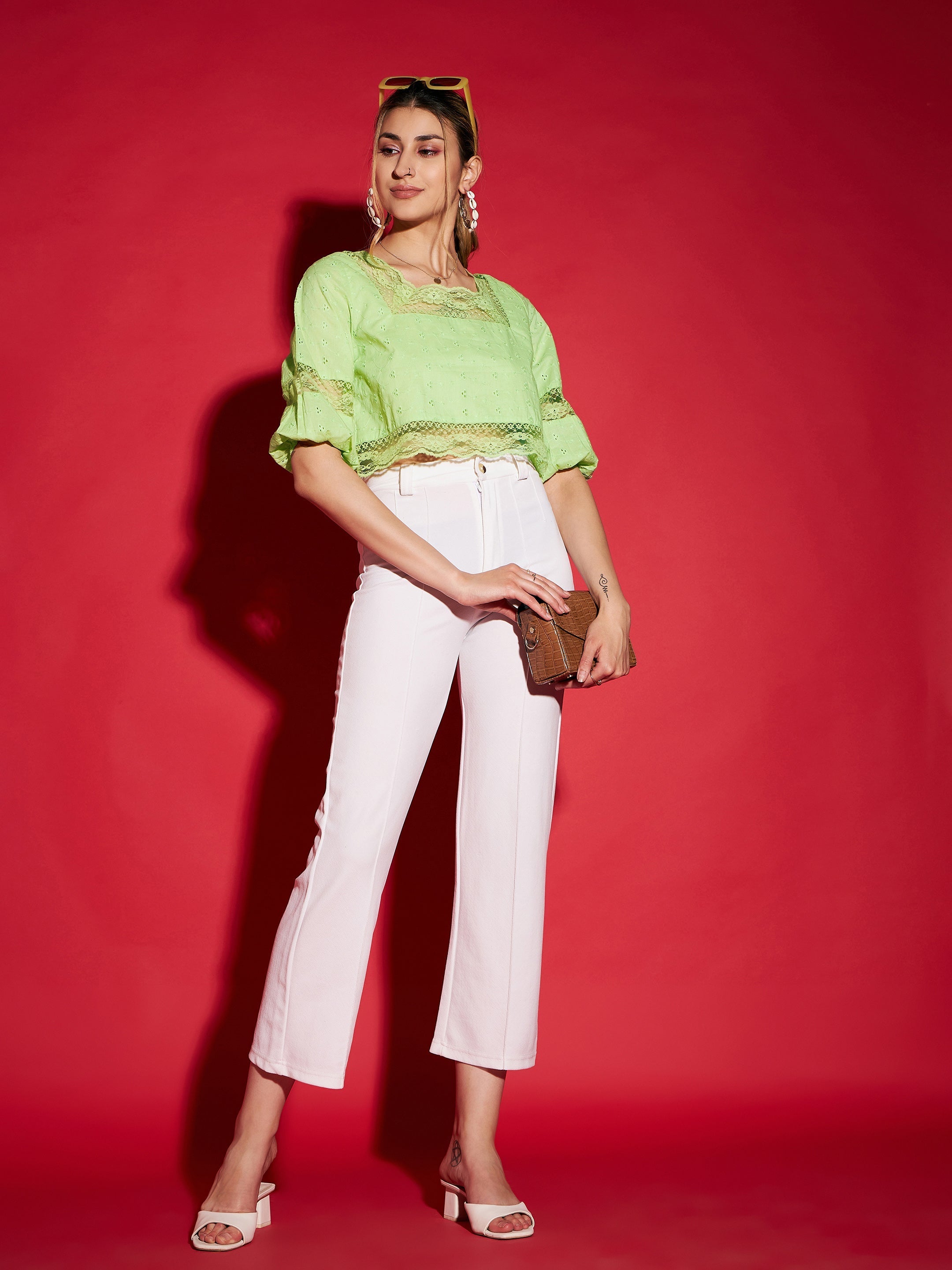 Women Lime Green Schiffli Square Neck Crop Top