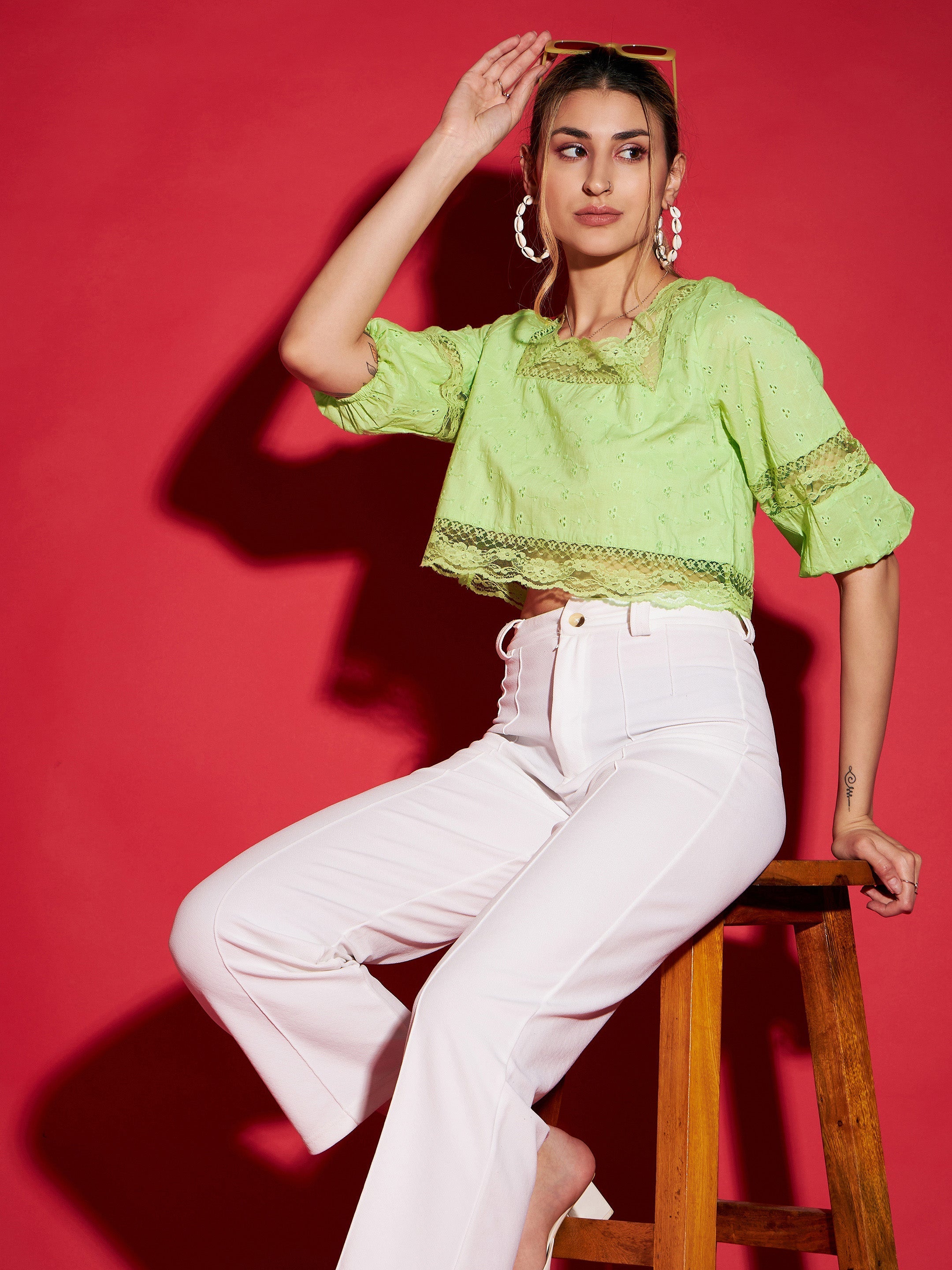 Women Lime Green Schiffli Square Neck Crop Top