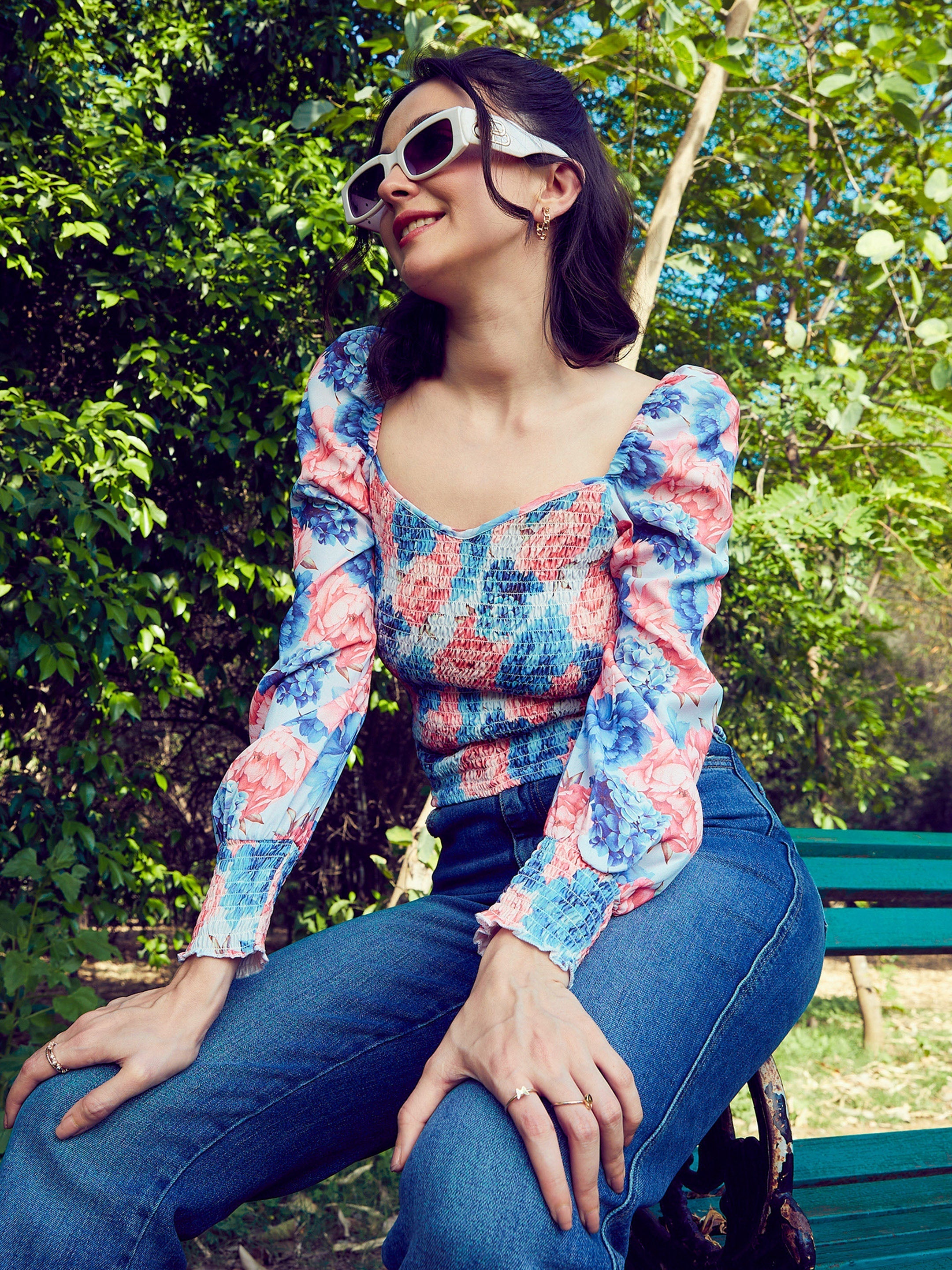 Women Blue Floral Smoked Top