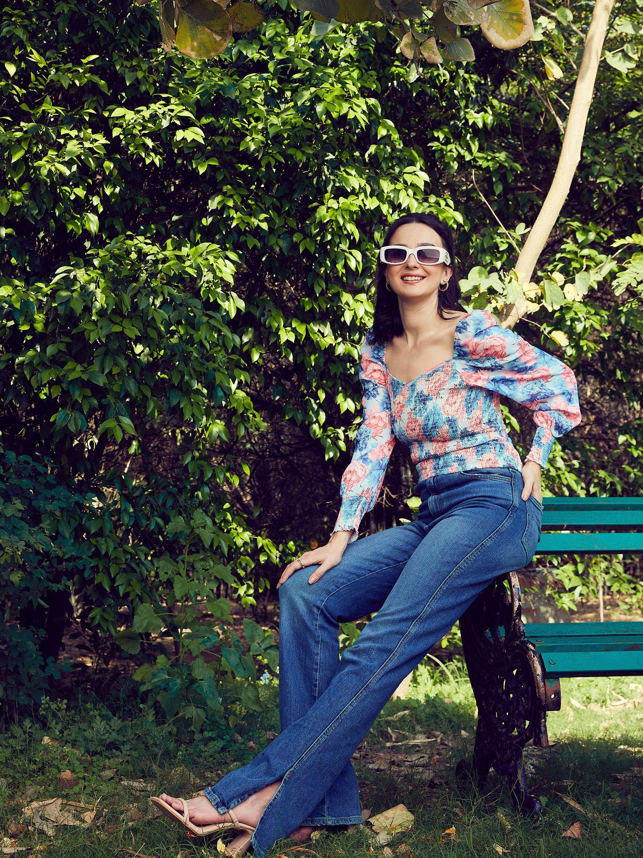 Women Blue Floral Smoked Top