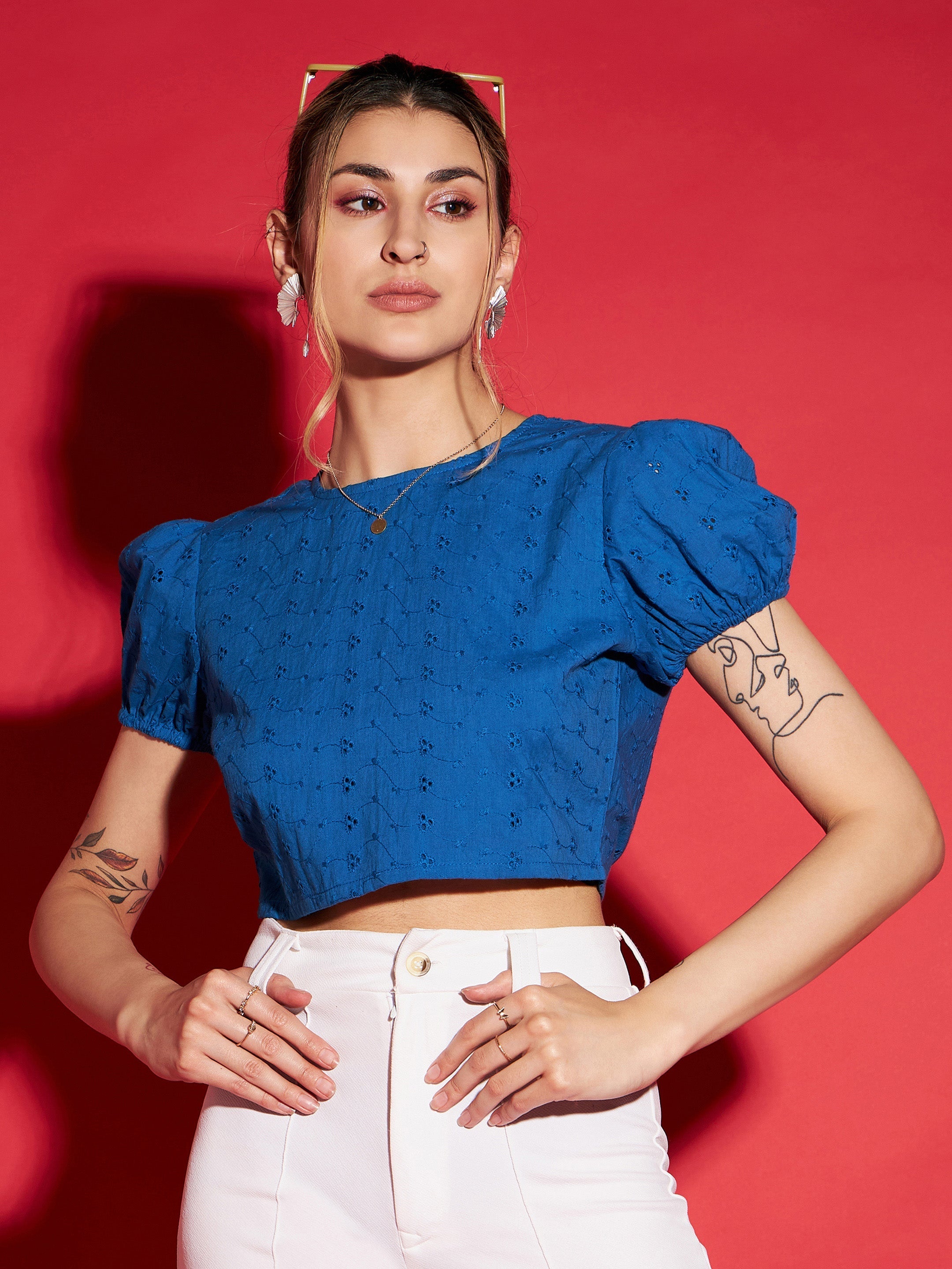 Women Royal Blue Schiffli Back-Tie Crop Top