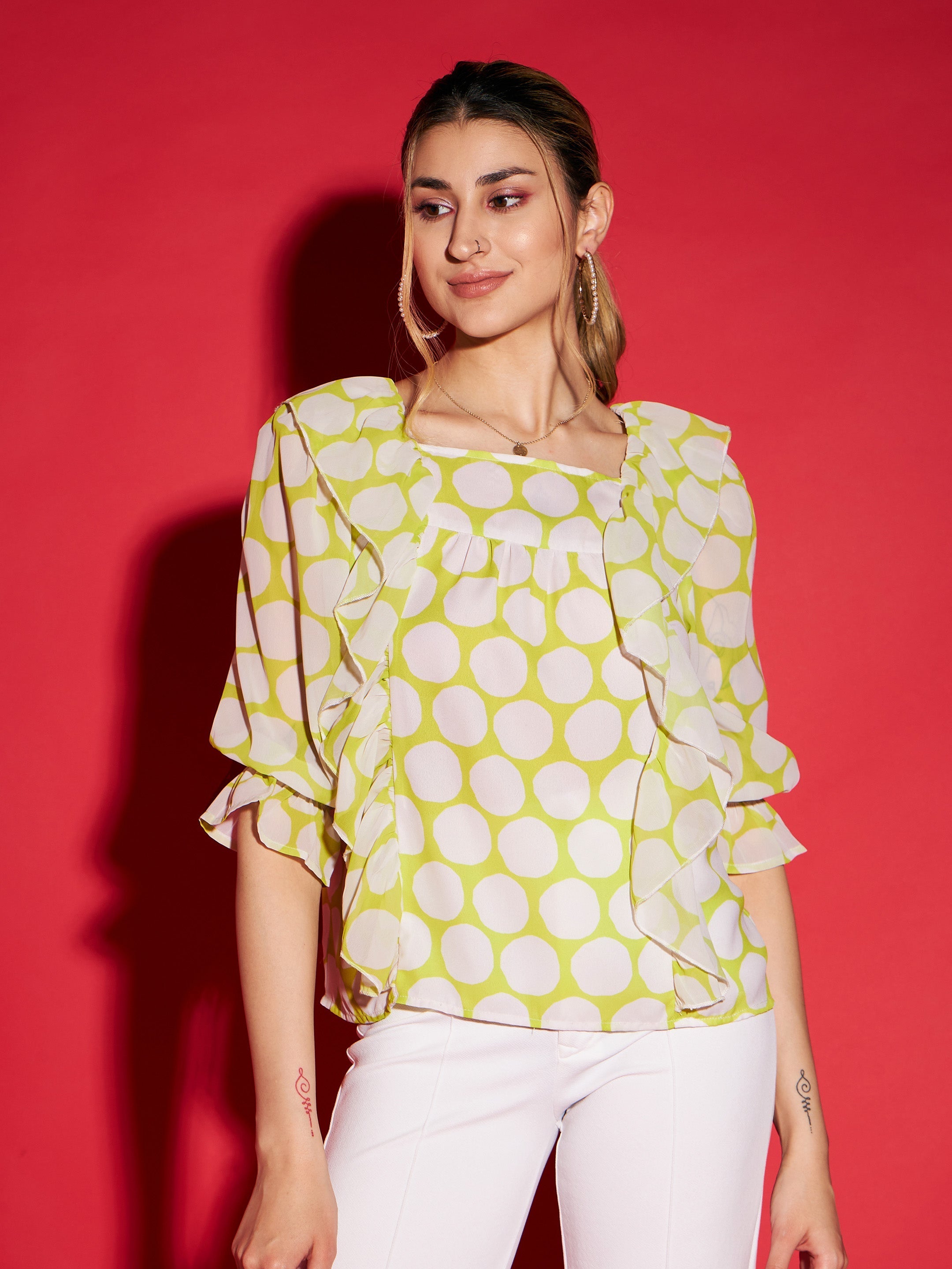 Women Green Polka Dot Square Neck Frill Detail Top