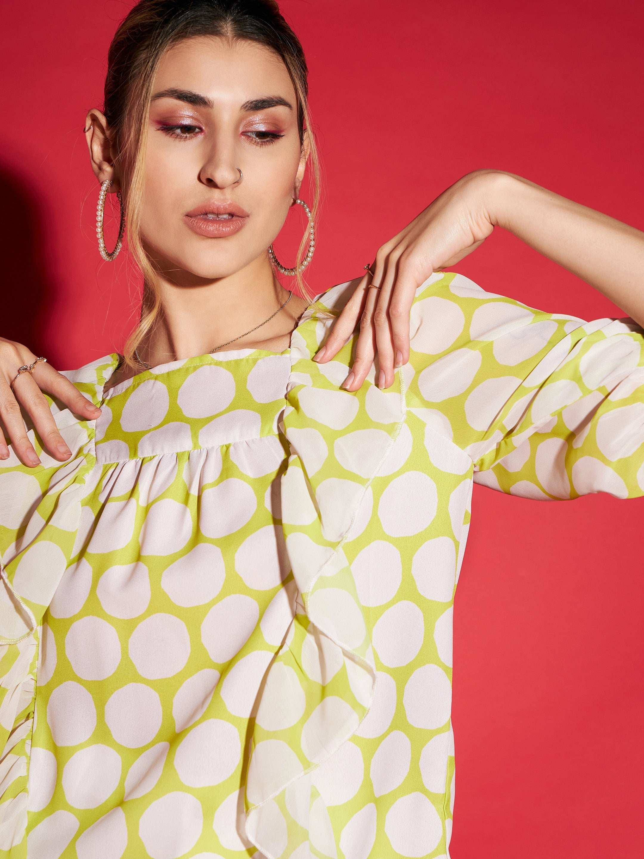 Women Green Polka Dot Square Neck Frill Detail Top