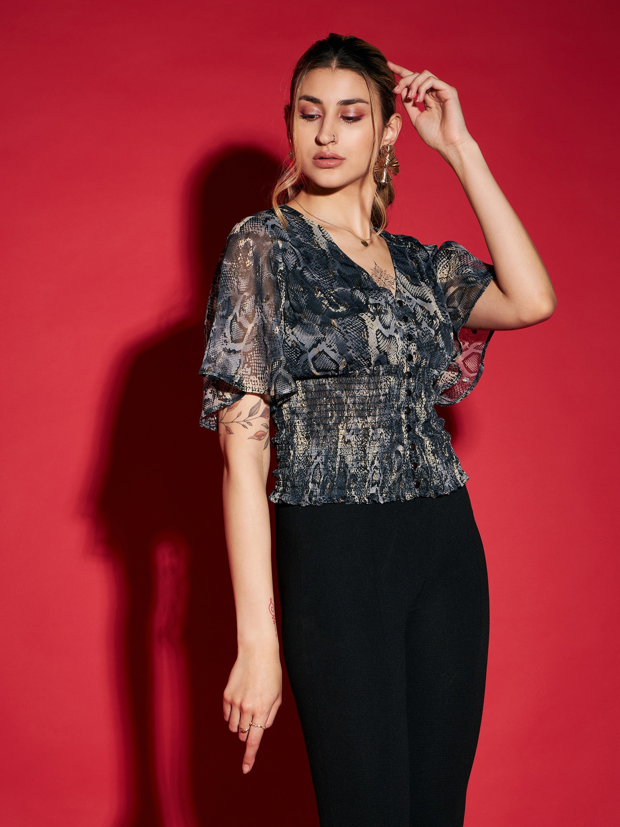 Women Grey Snake Printed Front Button Smocked Top