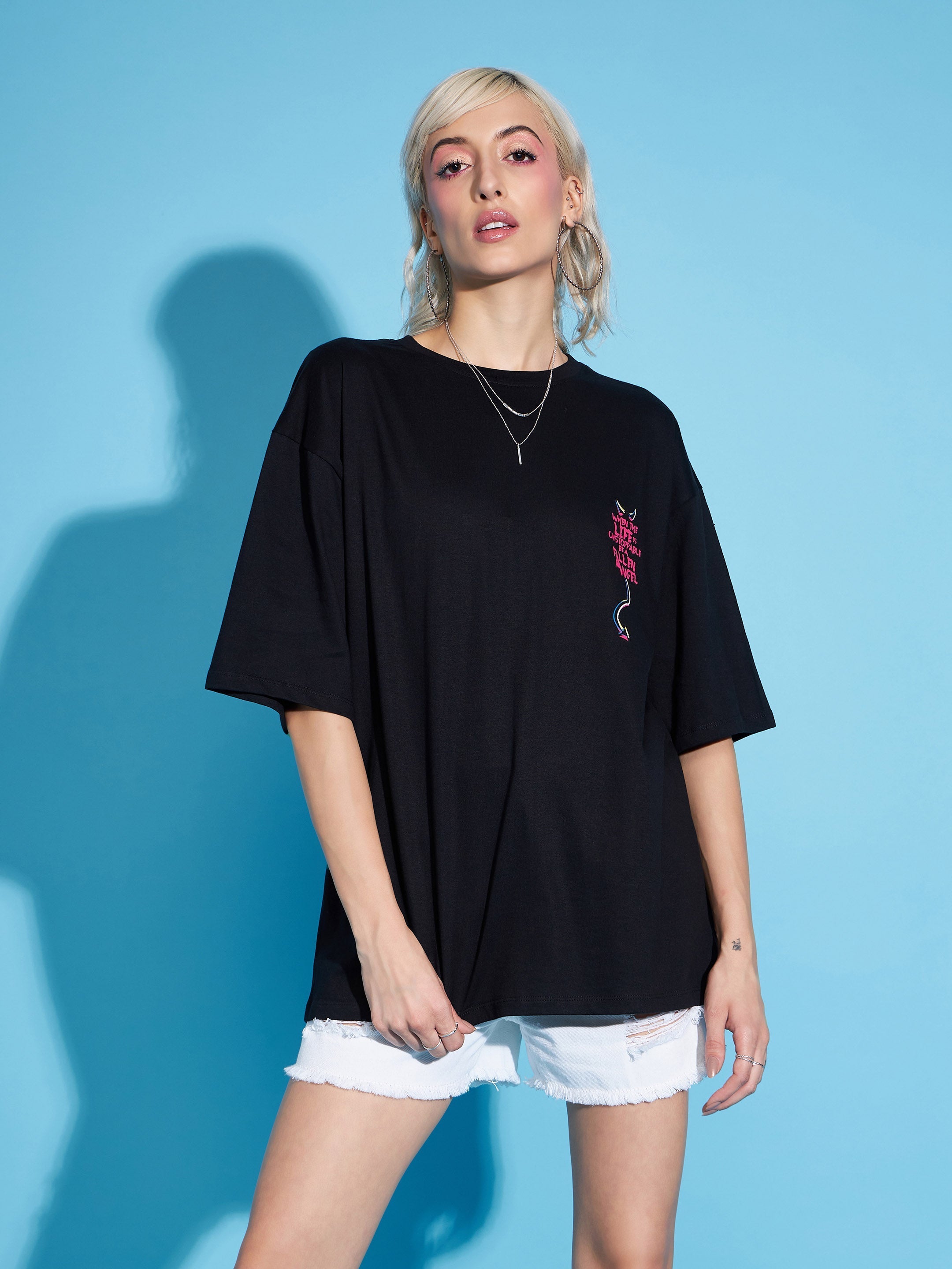 Women Black FALLEN ANGEL Printed Oversized T-Shirt