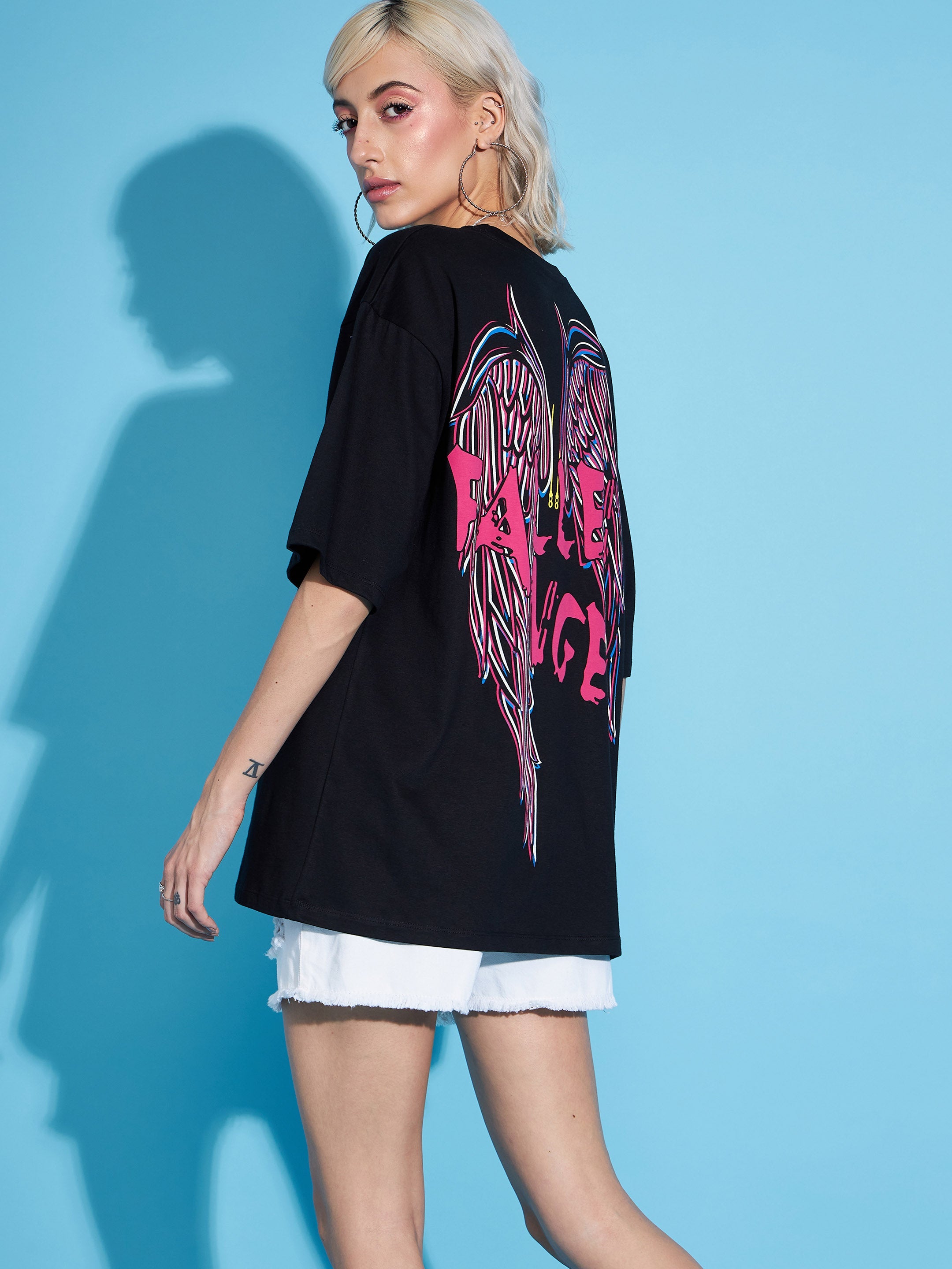 Women Black FALLEN ANGEL Printed Oversized T-Shirt