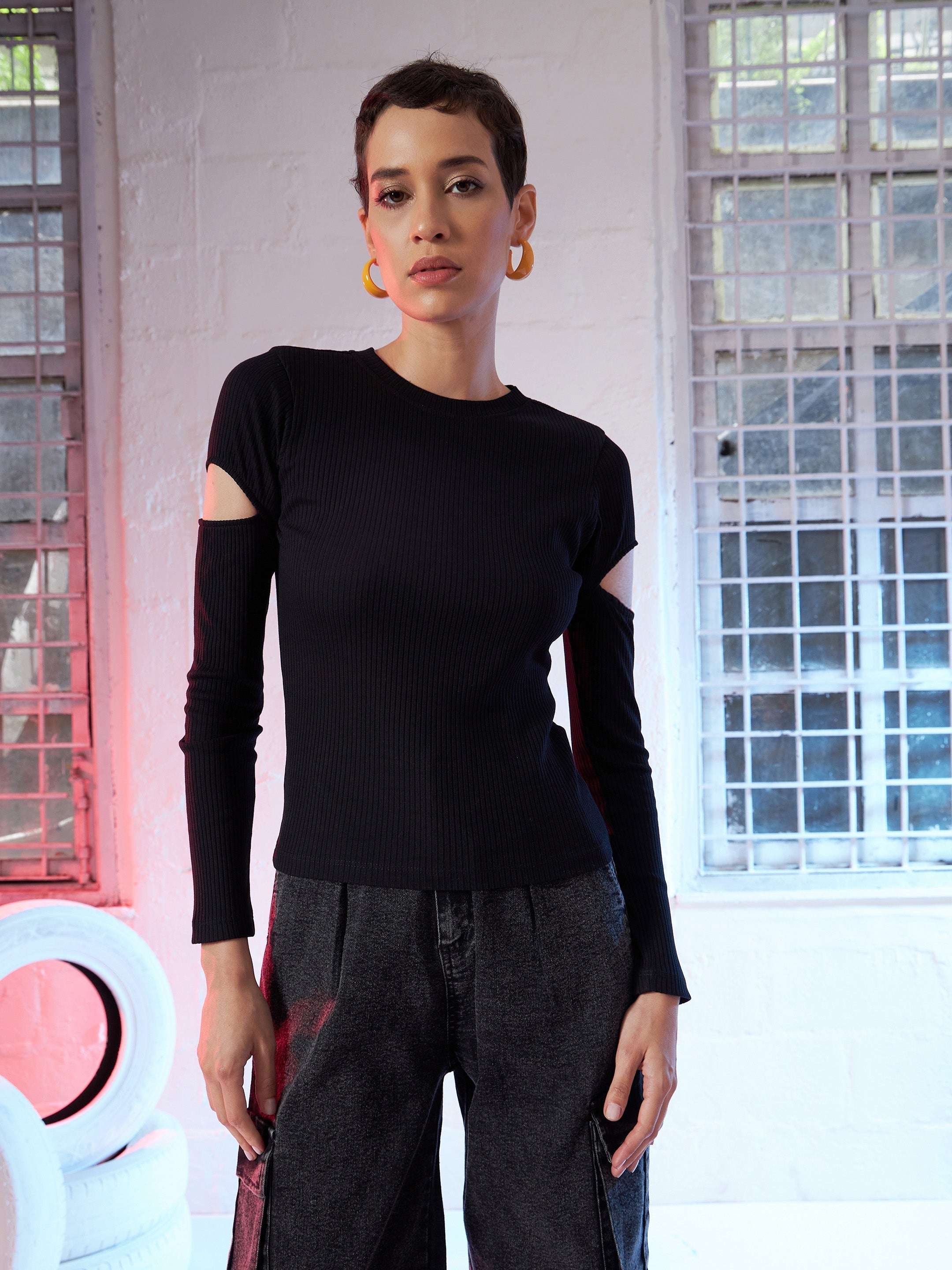 Women Black Bicep Cut Out Rib Top