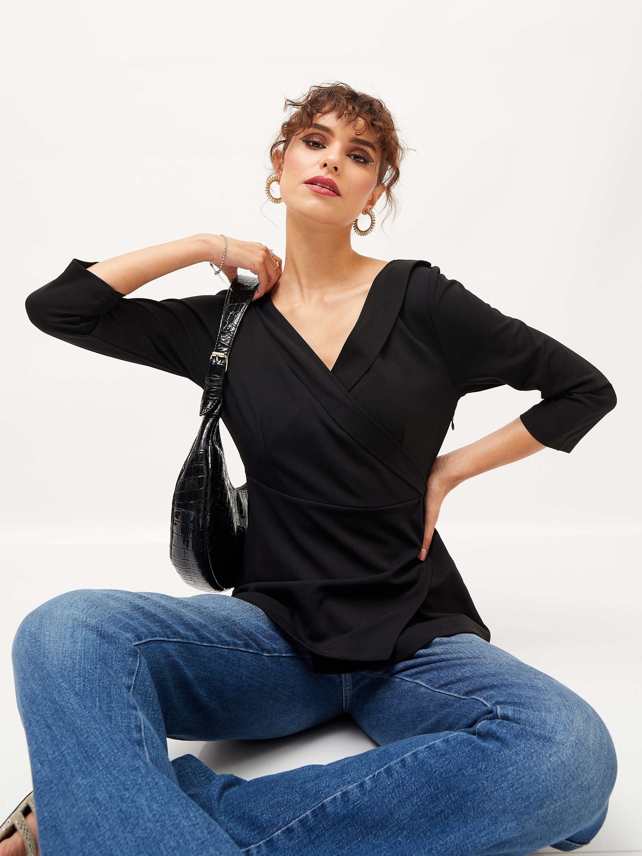 Women Black V-Neck Peplum Top