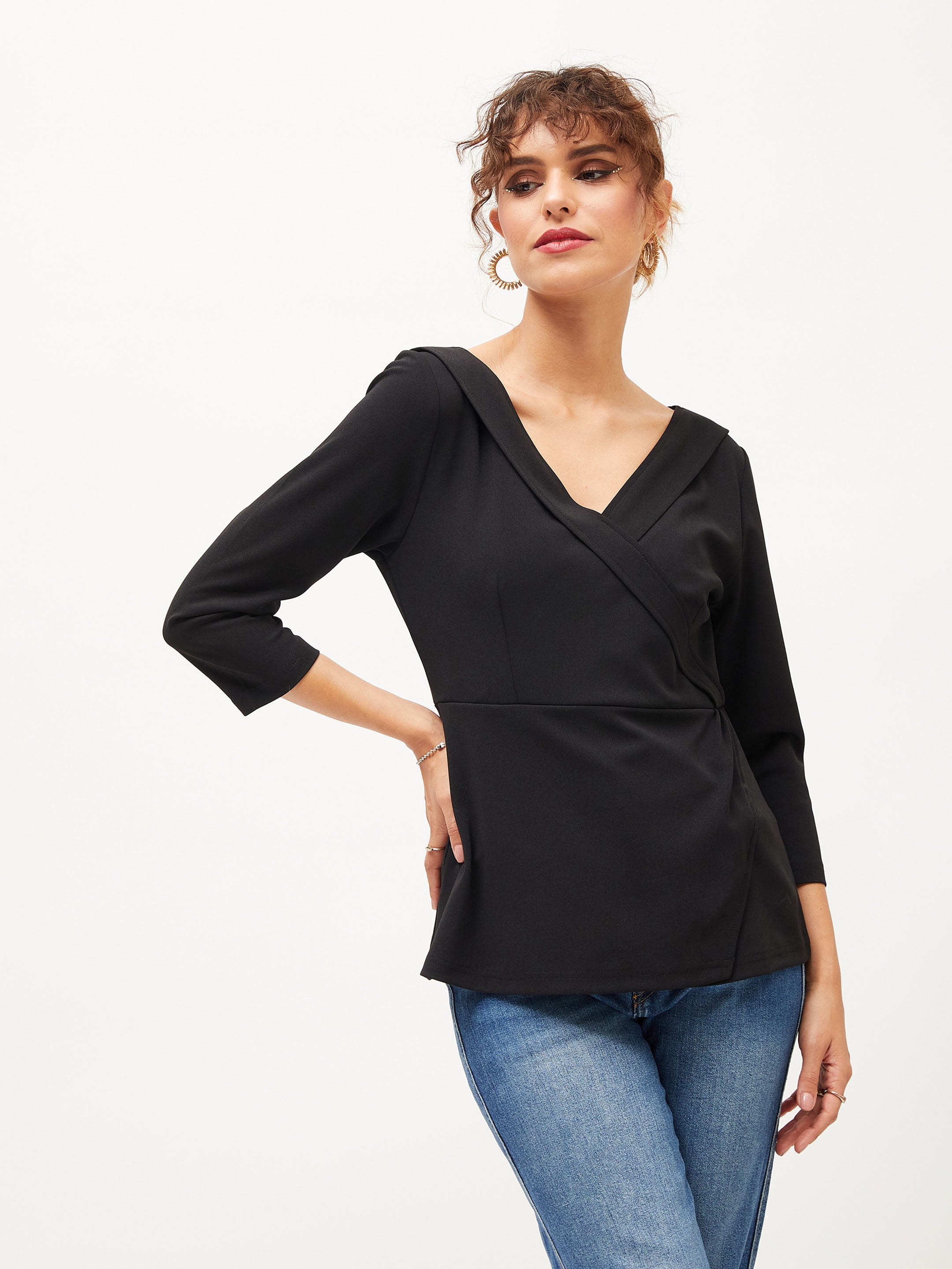 Women Black V-Neck Peplum Top