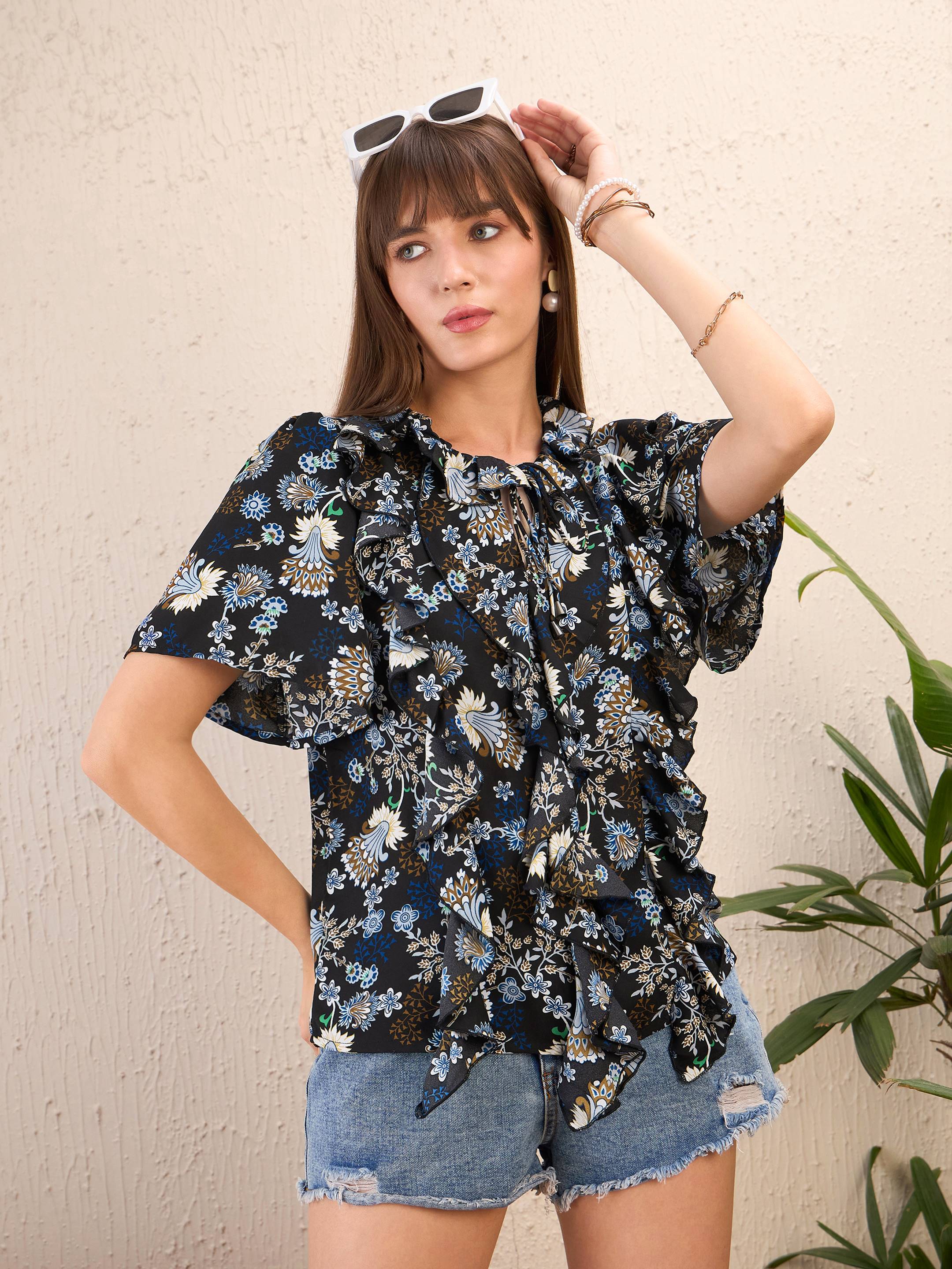 Women Navy Floral Front Tie-Neck Ruffle Top