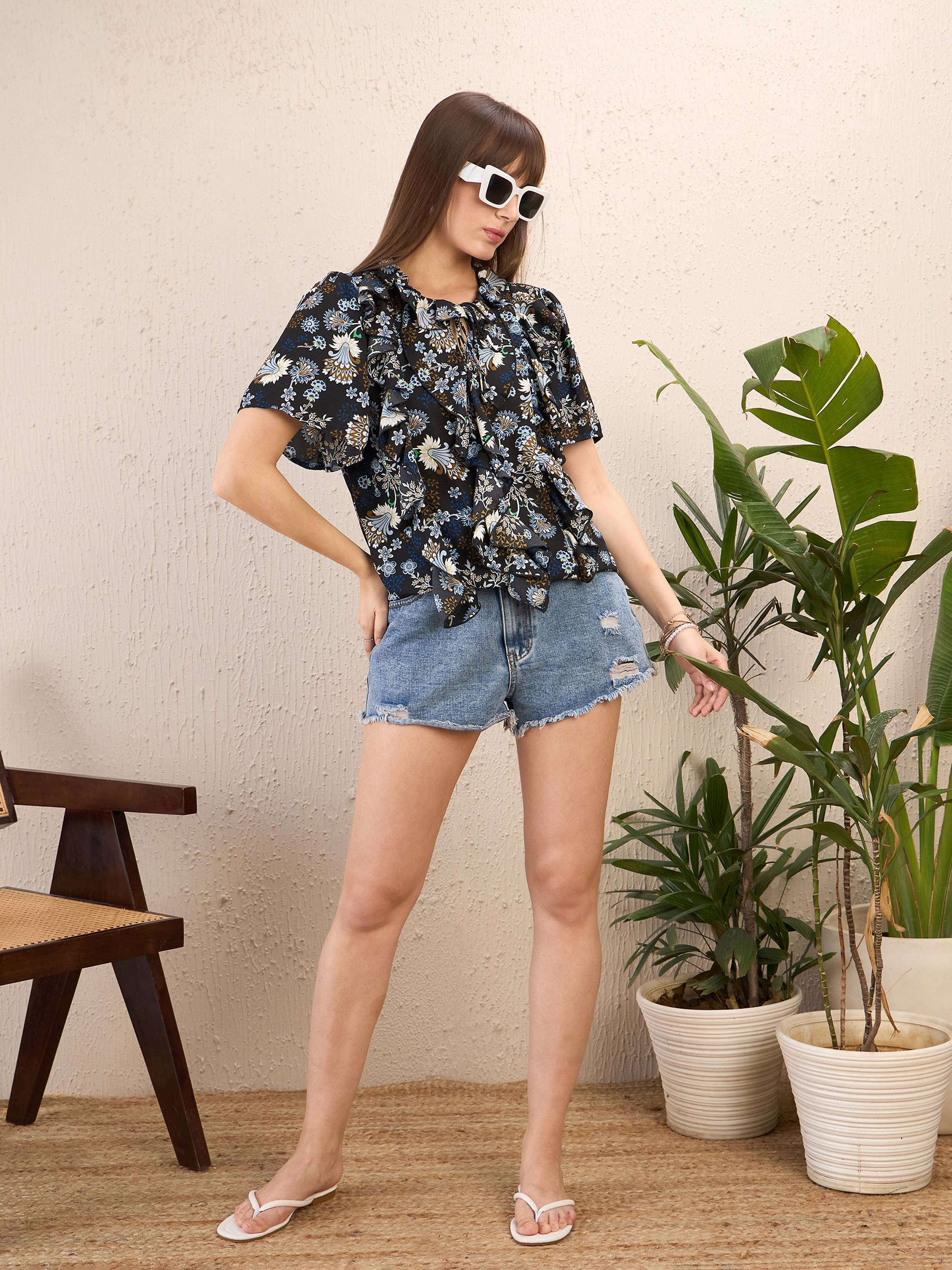 Women Navy Floral Front Tie-Neck Ruffle Top