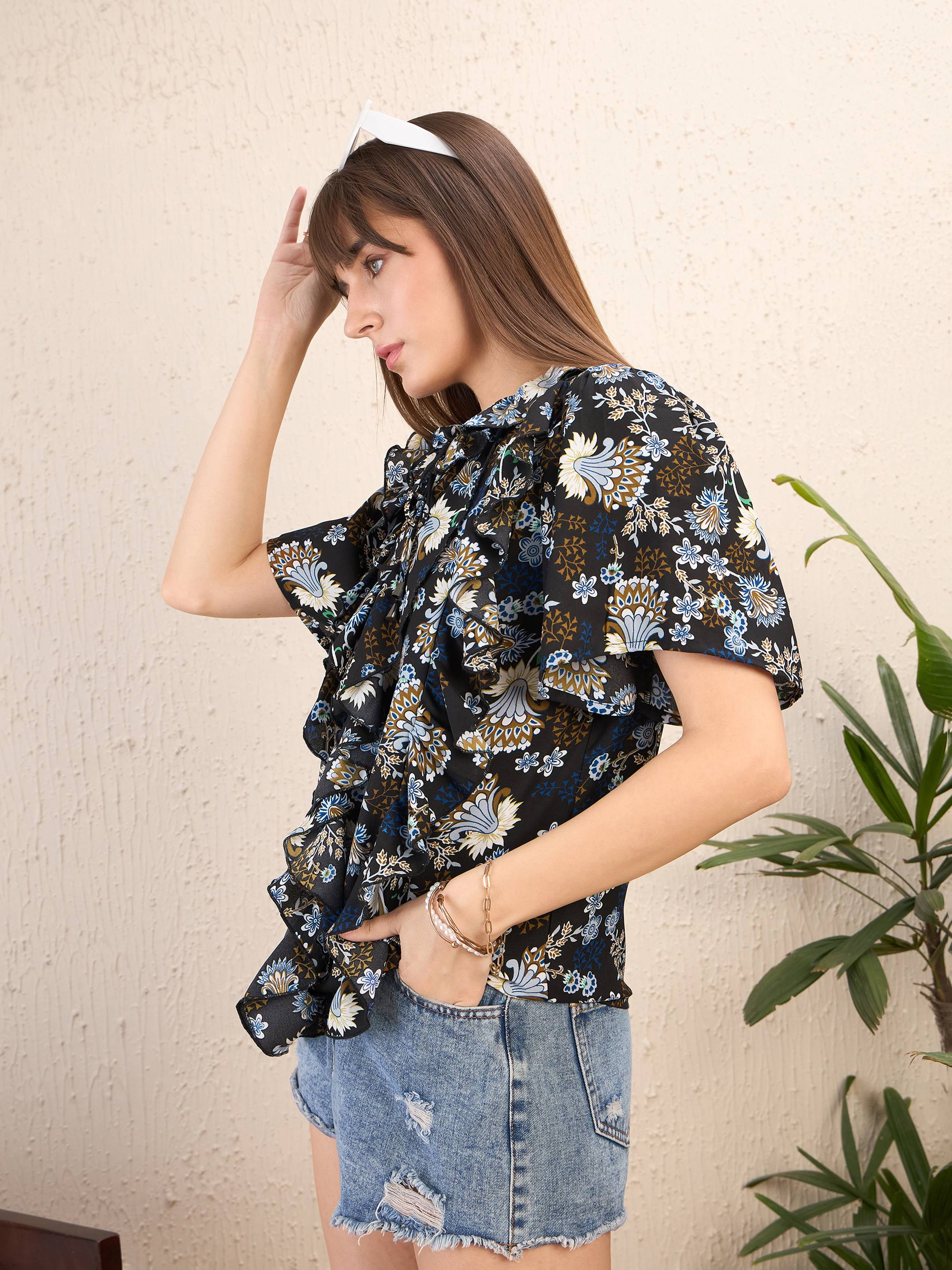 Women Navy Floral Front Tie-Neck Ruffle Top