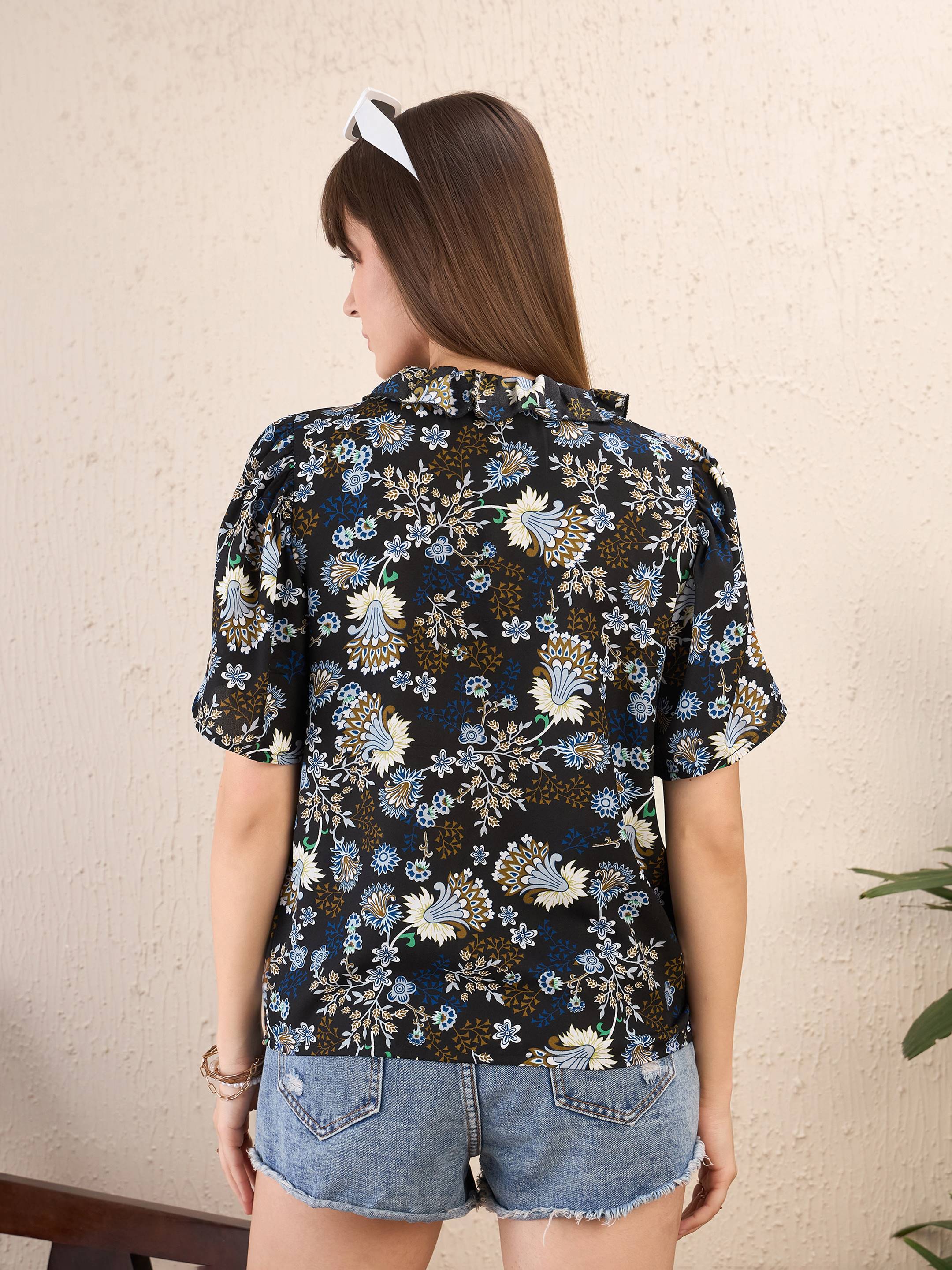 Women Navy Floral Front Tie-Neck Ruffle Top