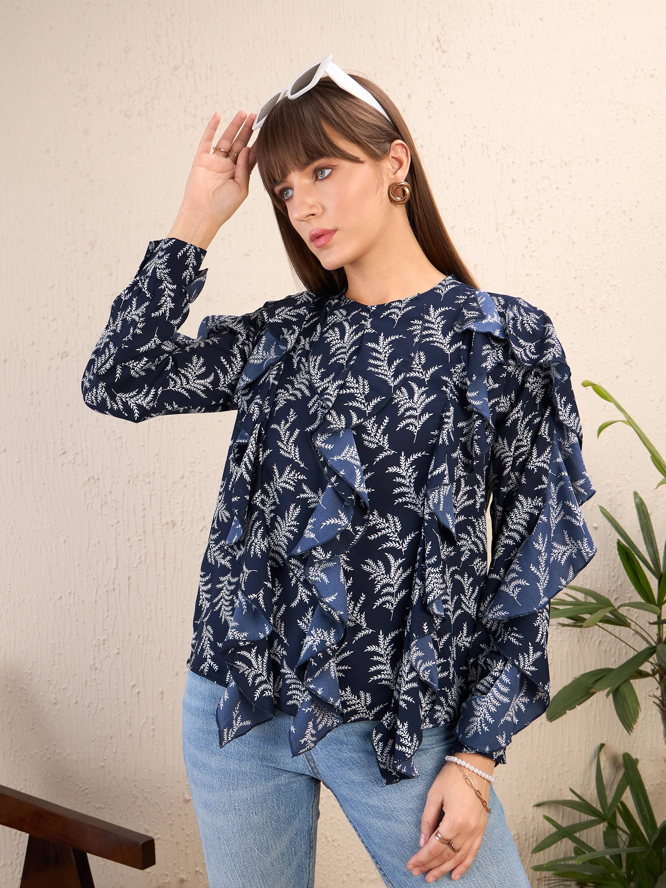 Women Navy Floral All Over Ruffle Top