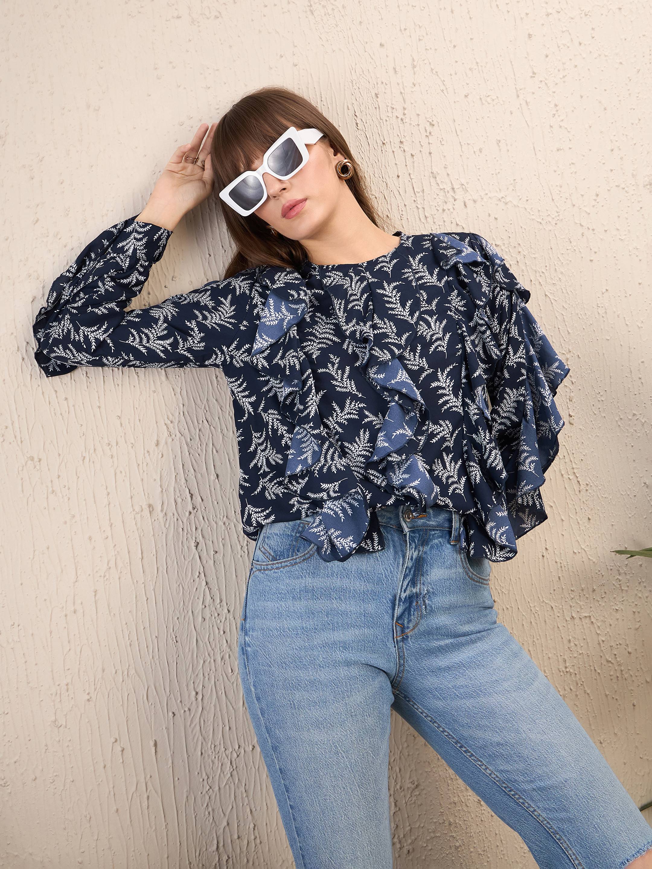 Women Navy Floral All Over Ruffle Top