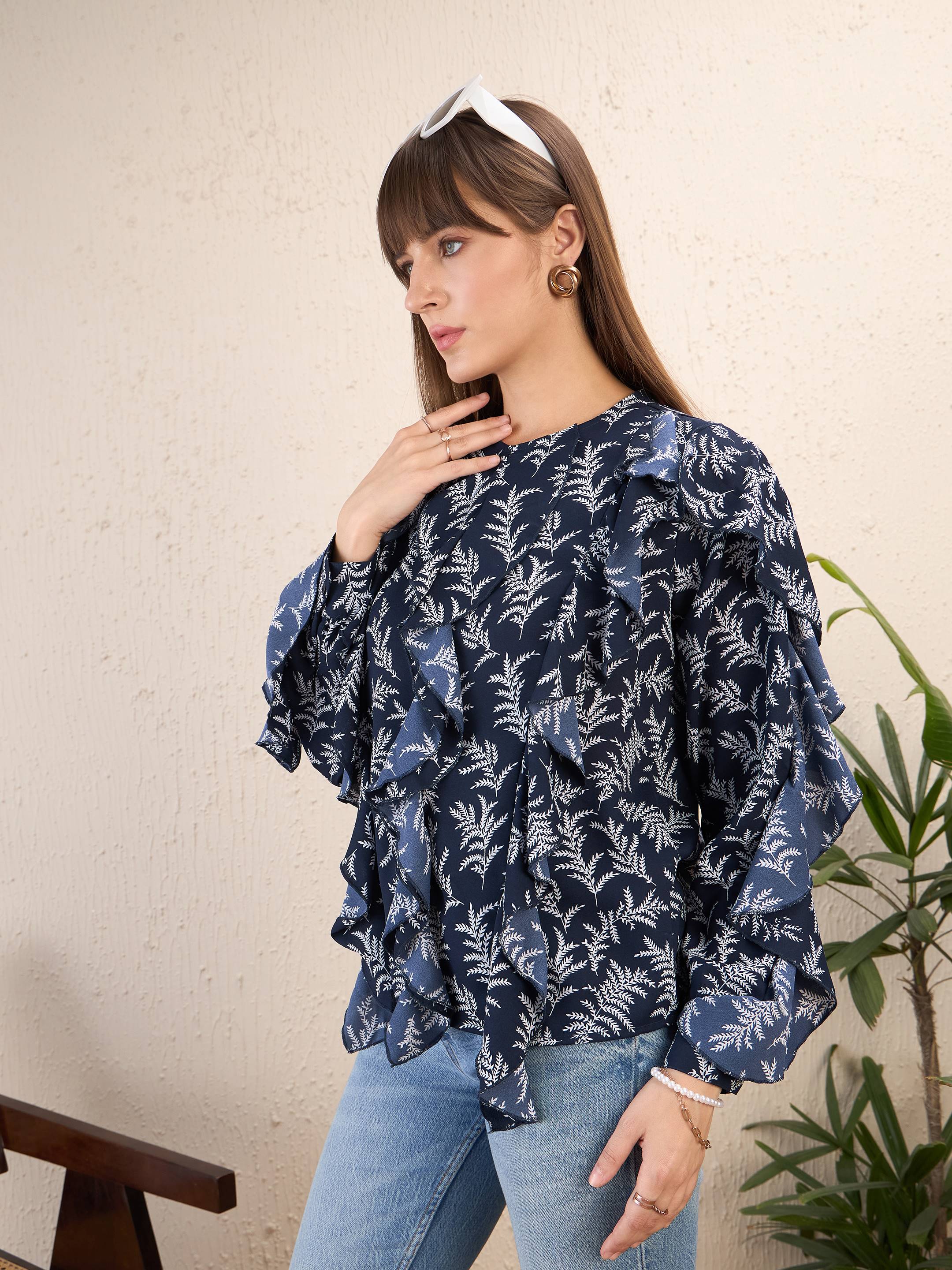 Women Navy Floral All Over Ruffle Top