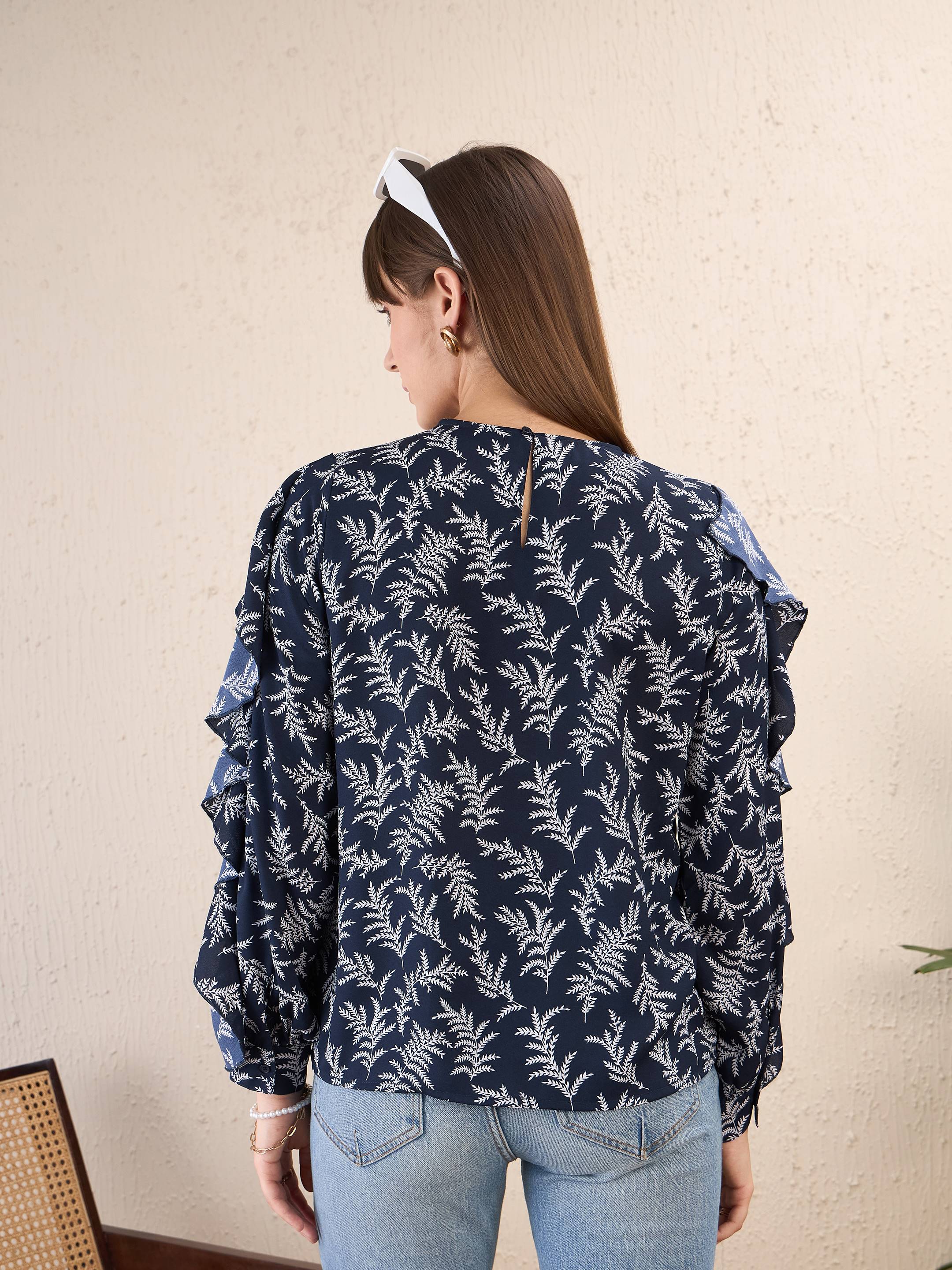 Women Navy Floral All Over Ruffle Top