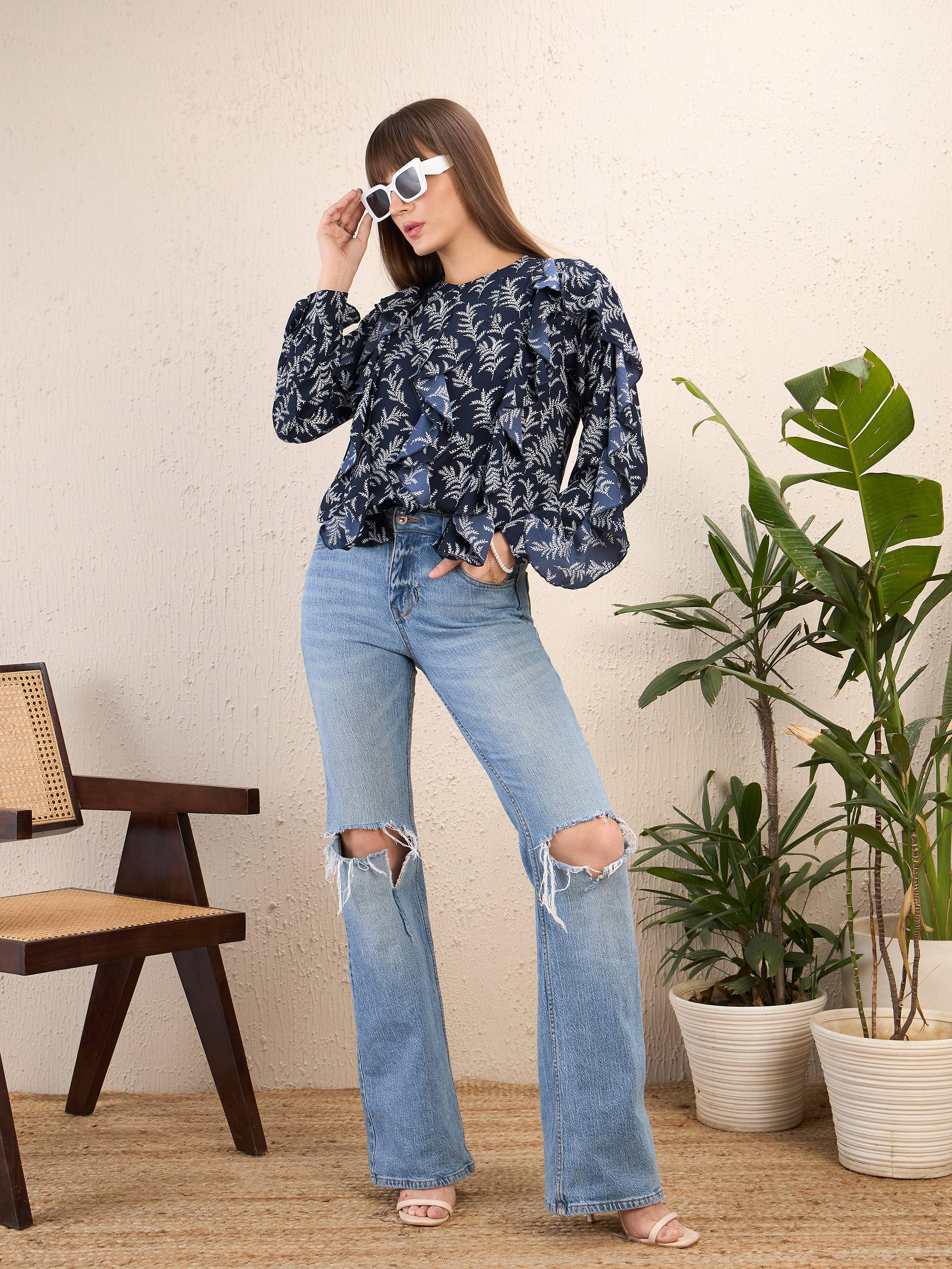 Women Navy Floral All Over Ruffle Top