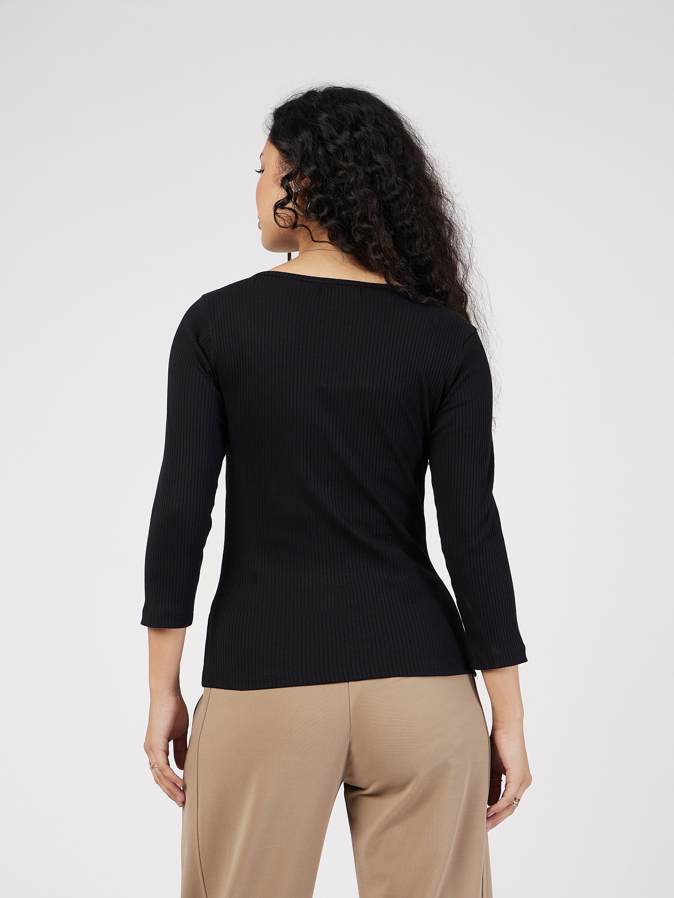 Women Black Rib V-Neck Top