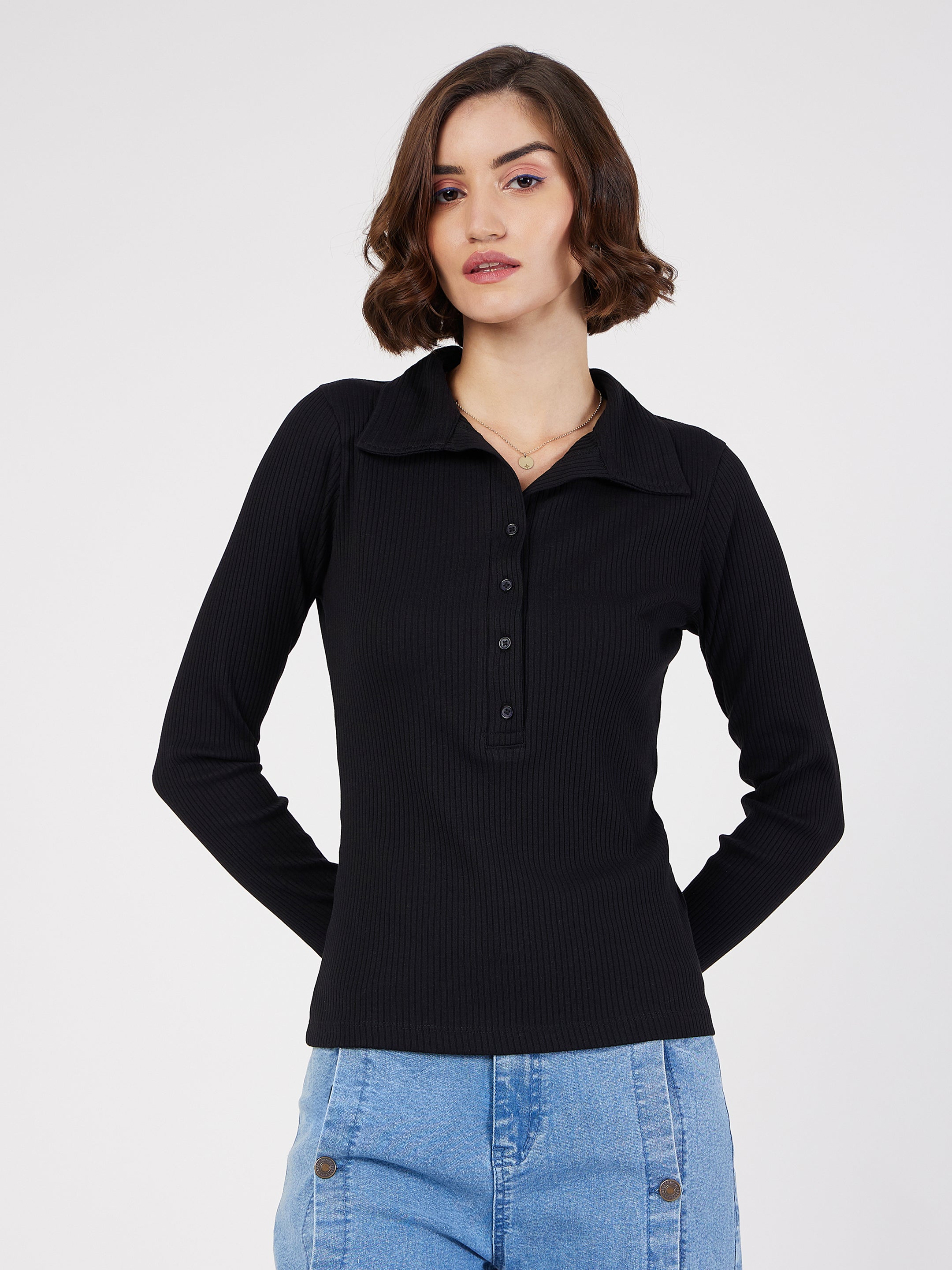 Women Black Rib Polo Neck Full Sleeves Top