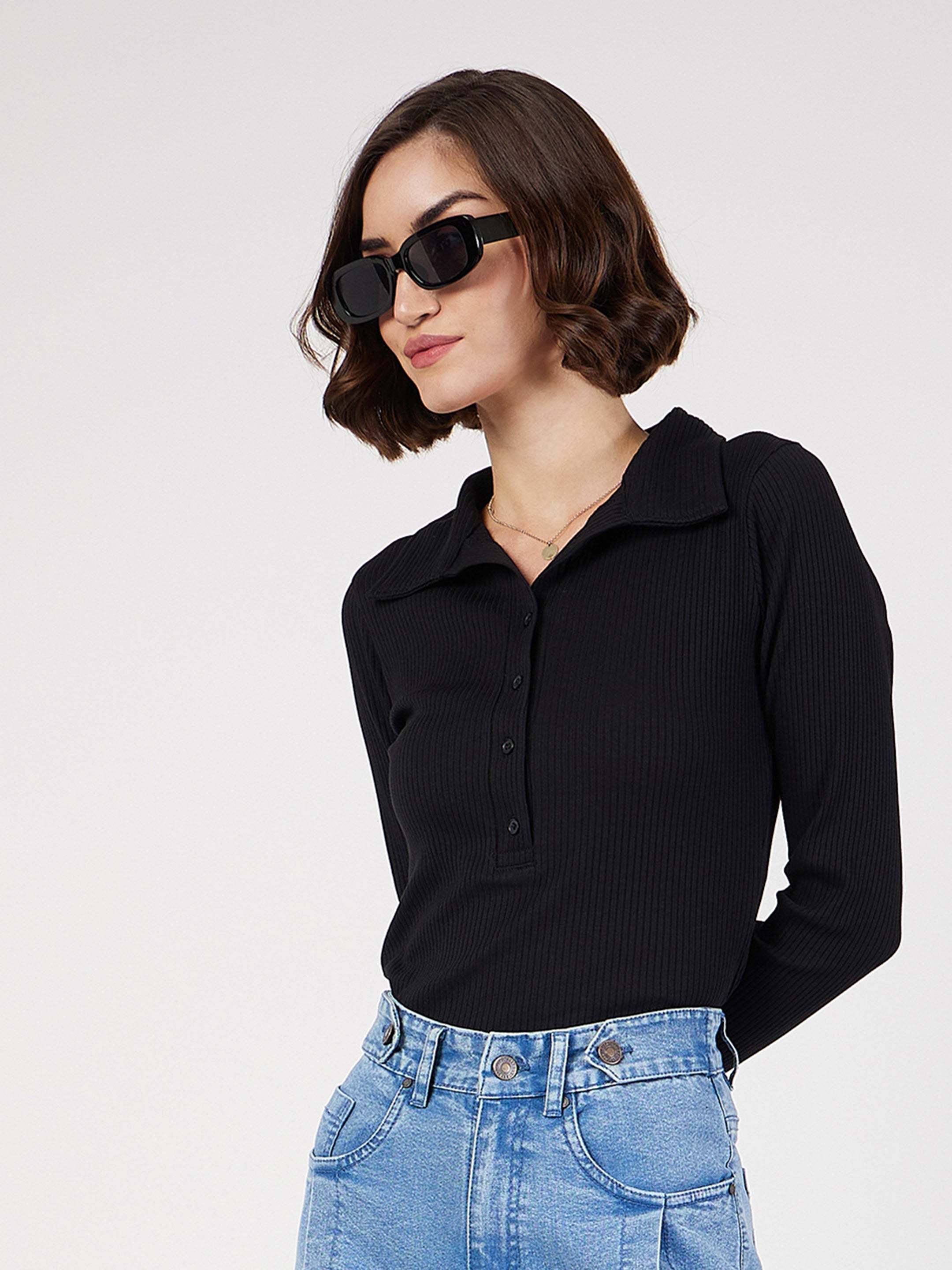 Women Black Rib Polo Neck Full Sleeves Top