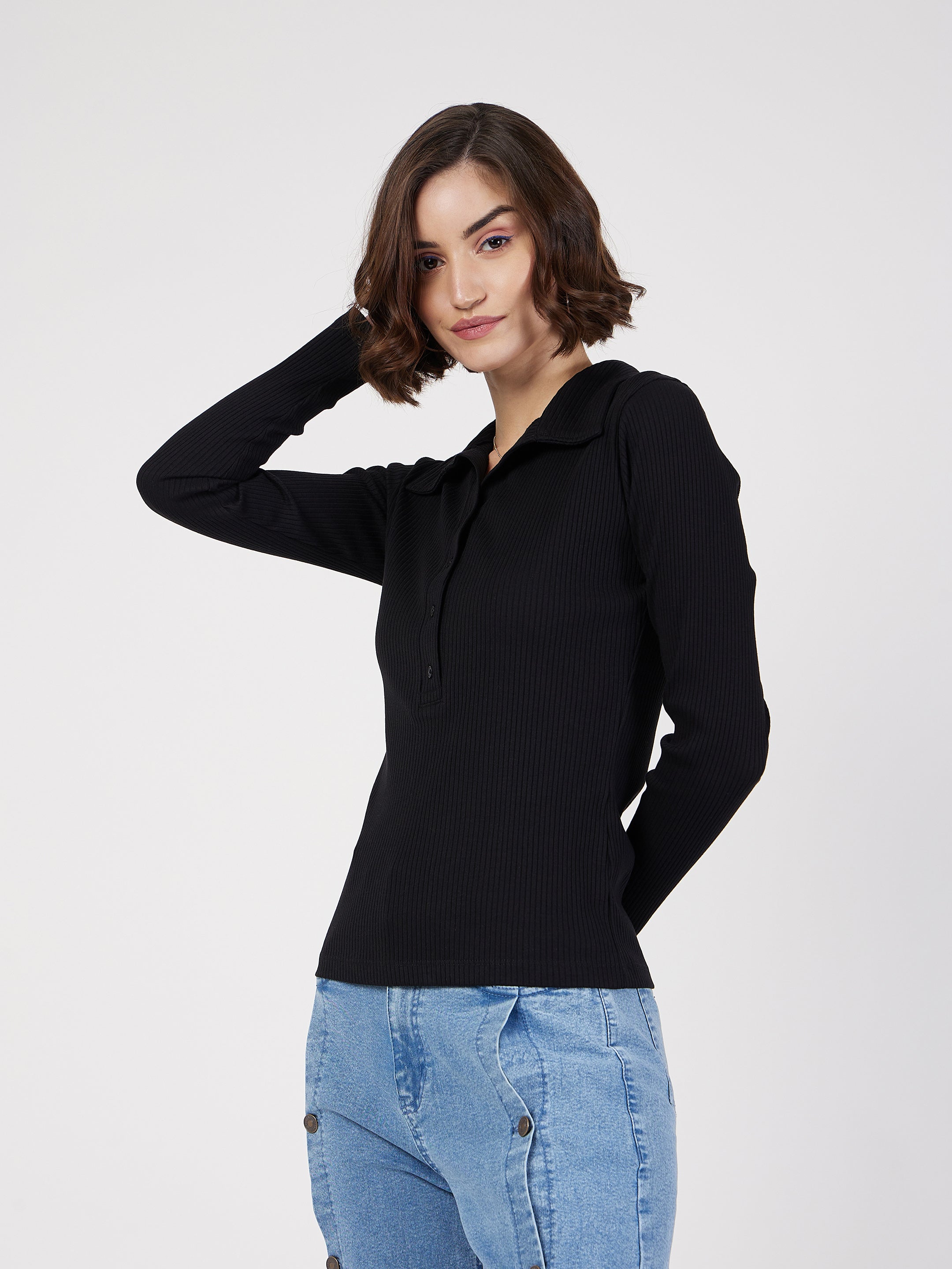 Women Black Rib Polo Neck Full Sleeves Top