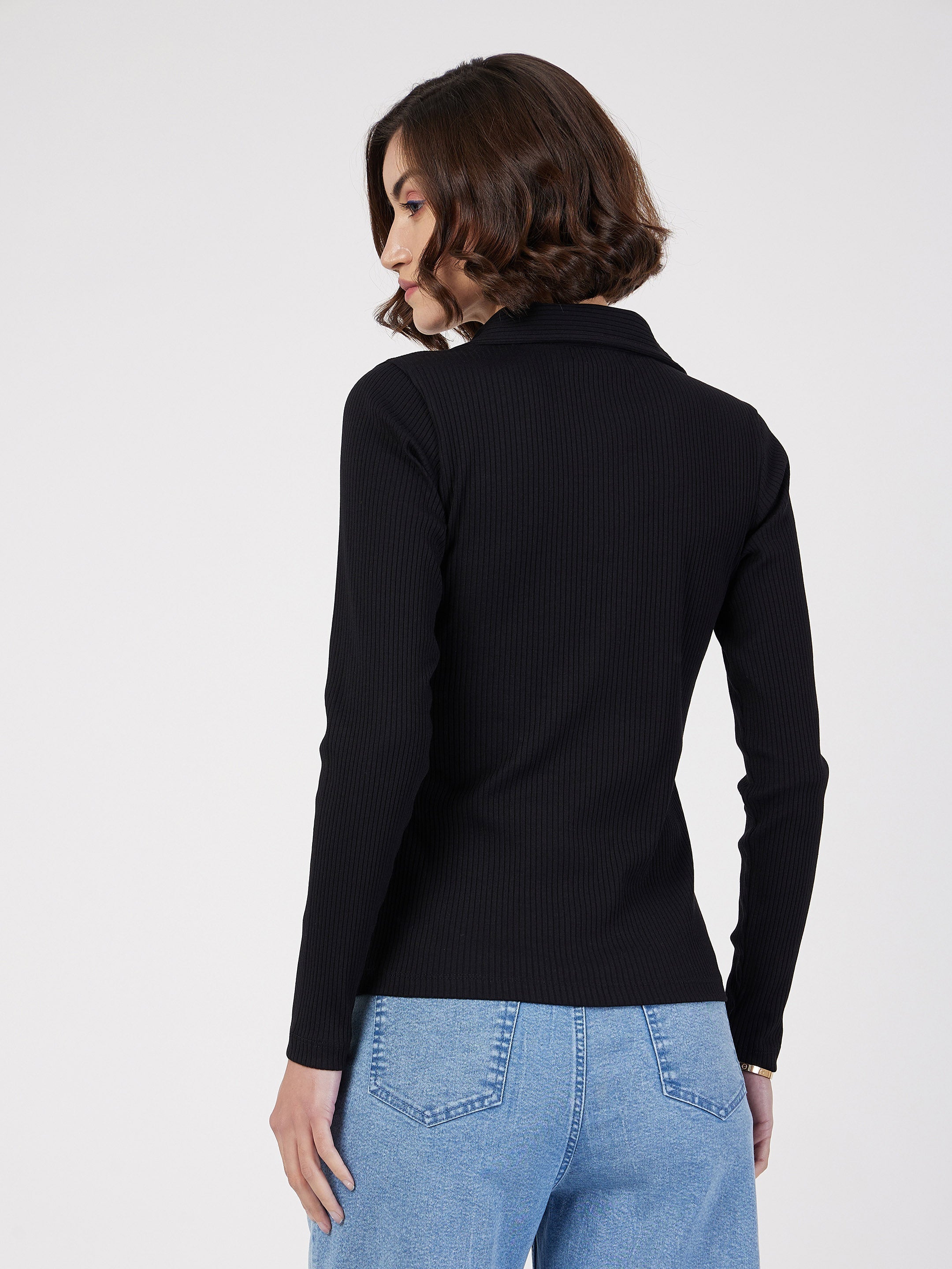 Women Black Rib Polo Neck Full Sleeves Top