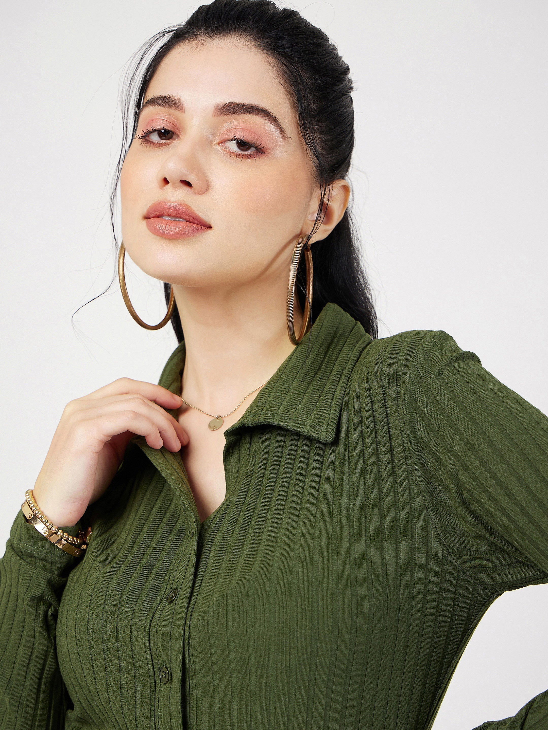 Women Olive Rib Polo Neck Full Sleeves Top