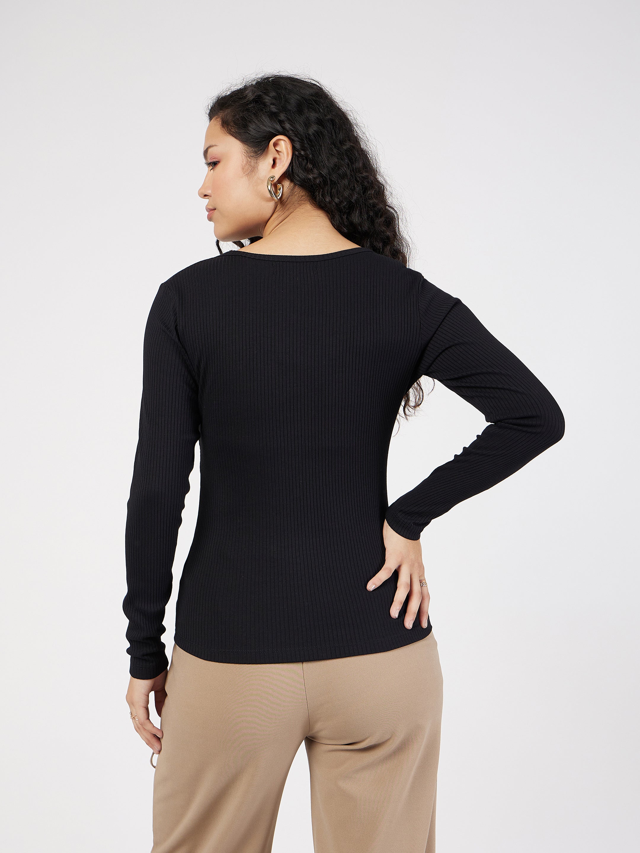 Women Black Rib Square Neck Full Sleeves Top