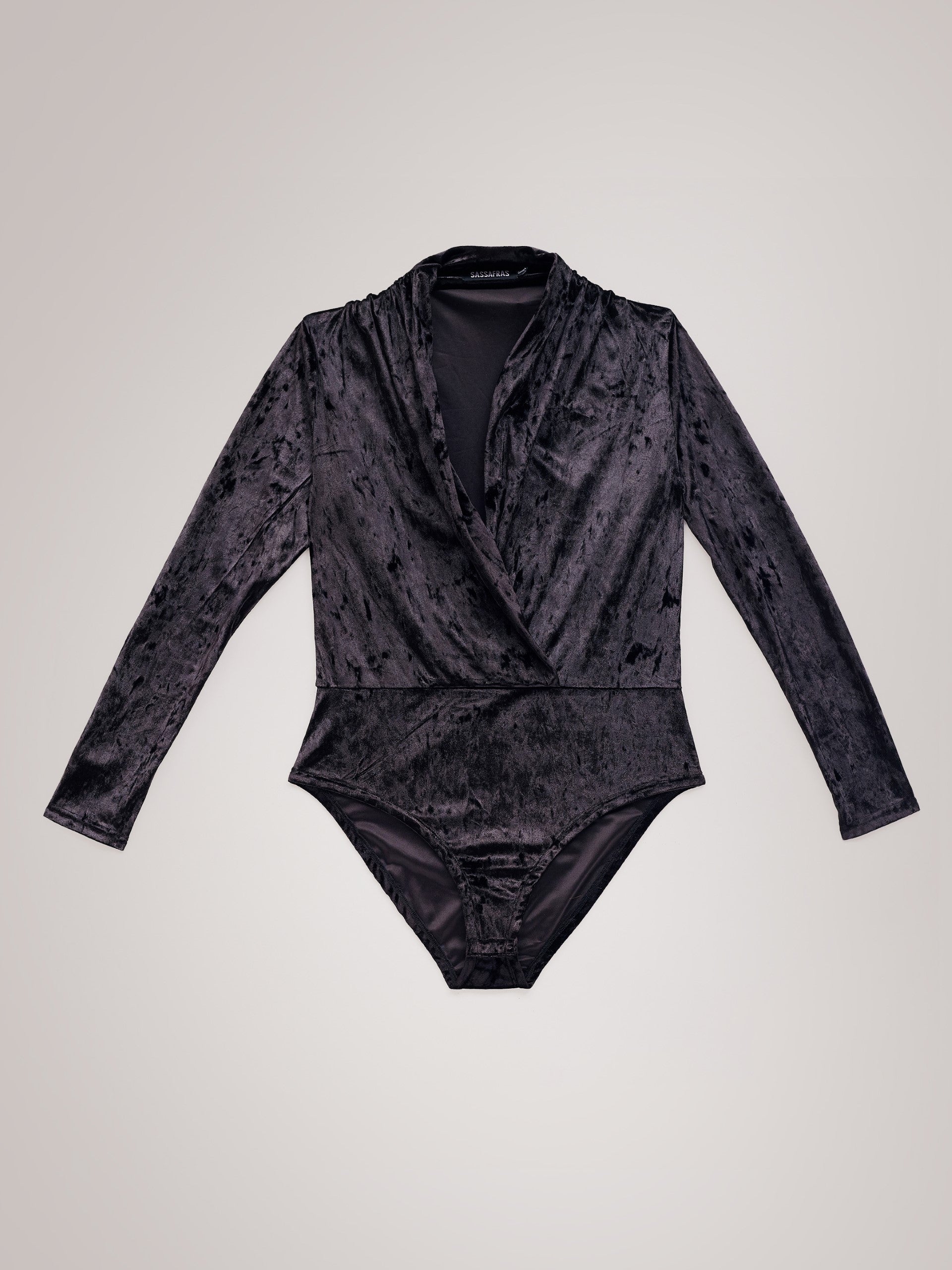 Women Black Velvet Front Wrap Bodysuit