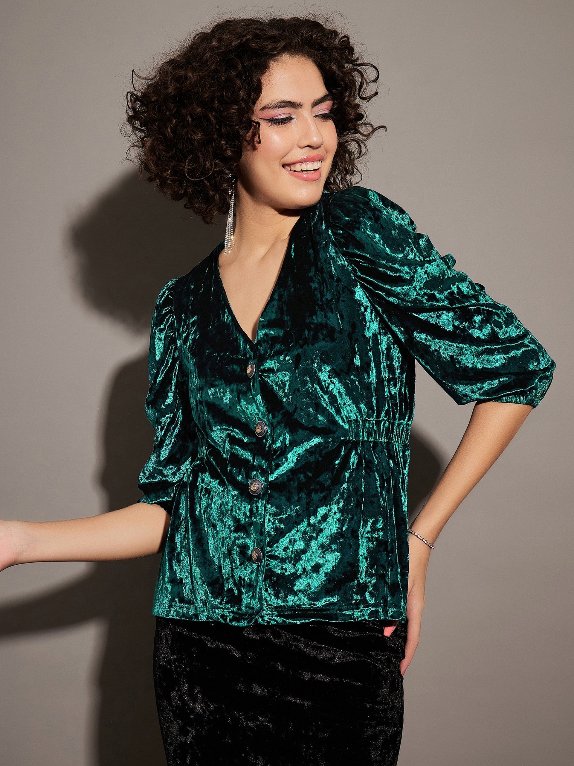 Women Emerald Velvet Front Button Top