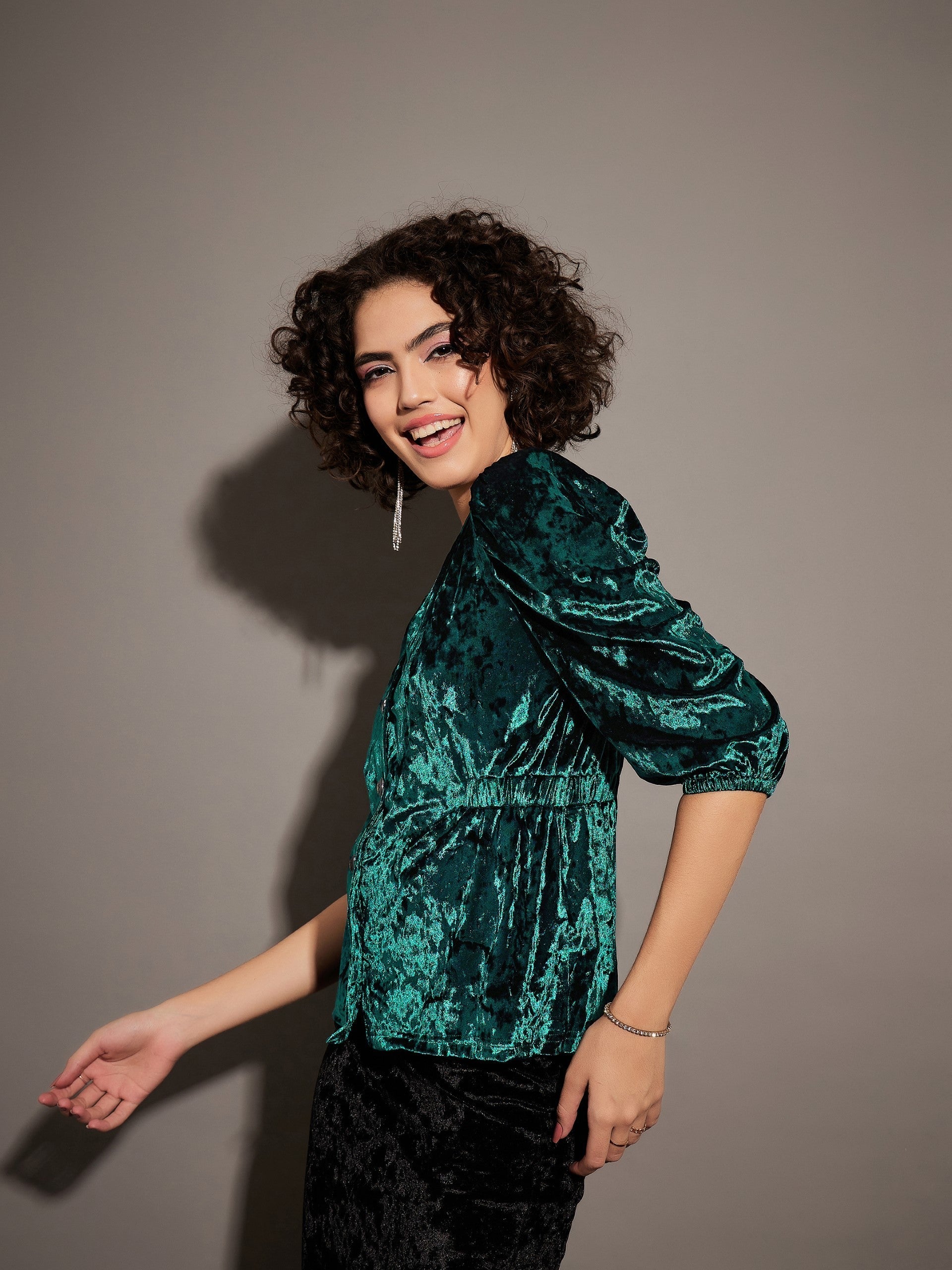 Women Emerald Velvet Front Button Top