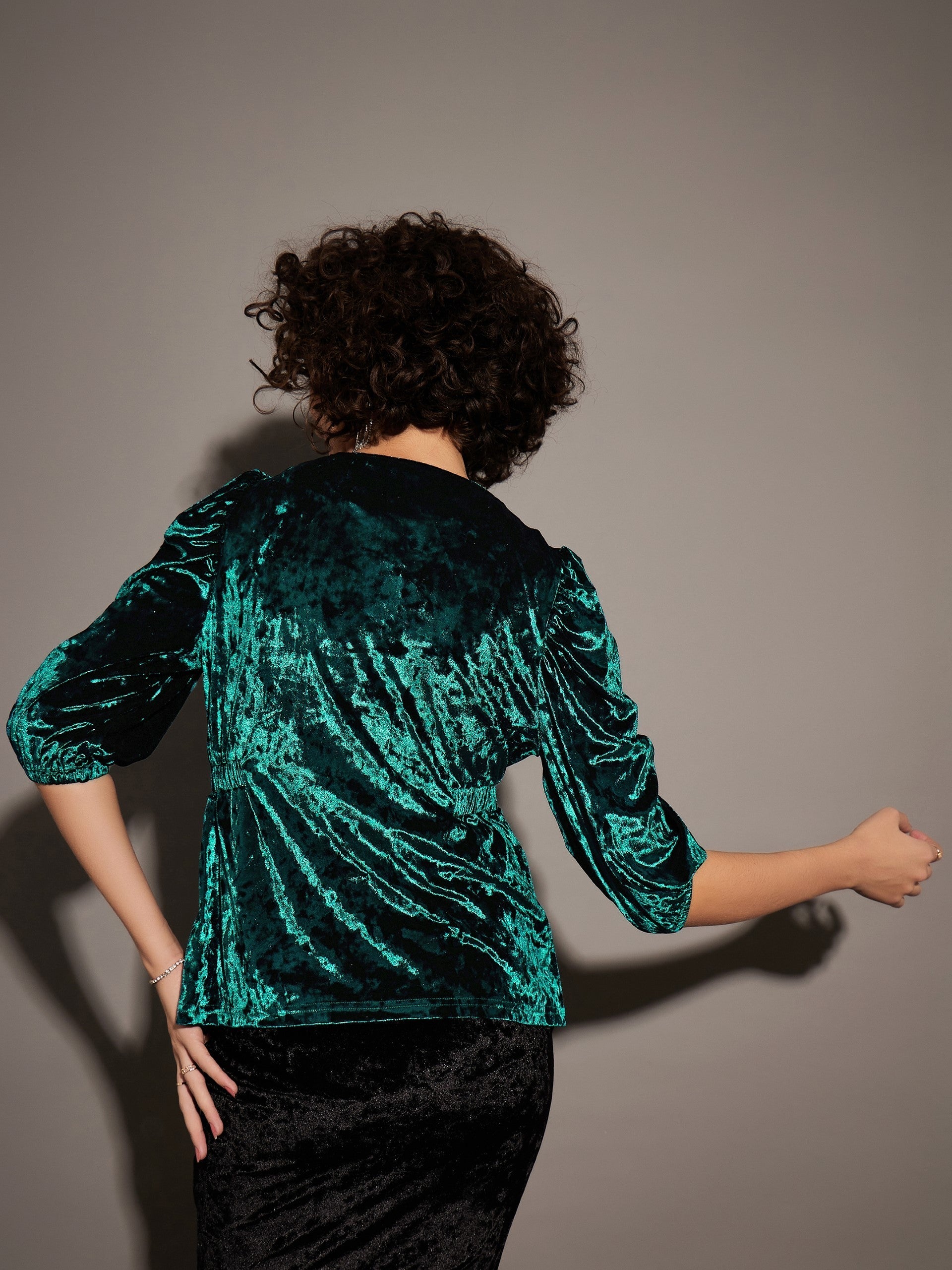 Women Emerald Velvet Front Button Top