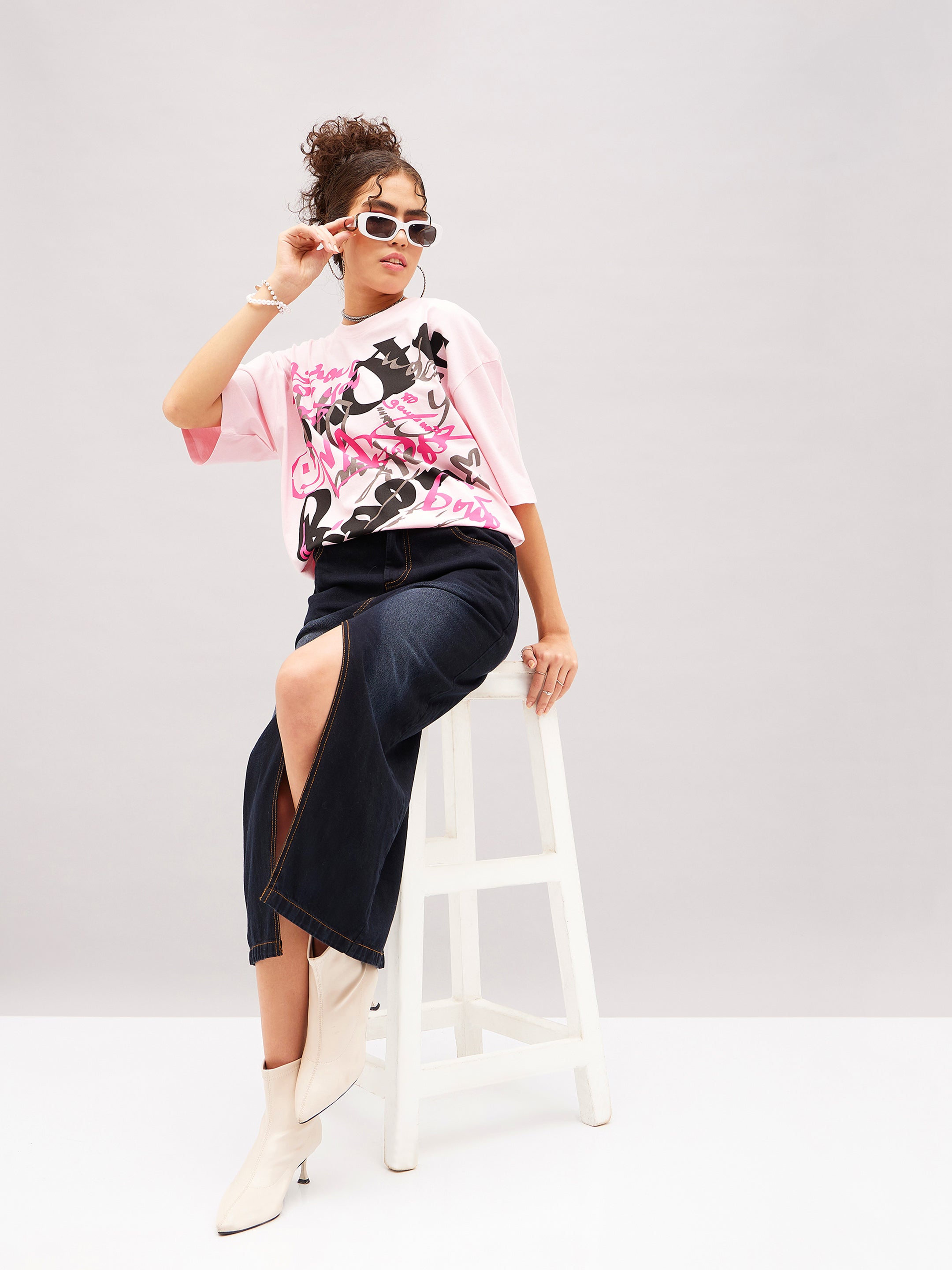 Women Pastel Pink Abstract Print Oversized T-shirt