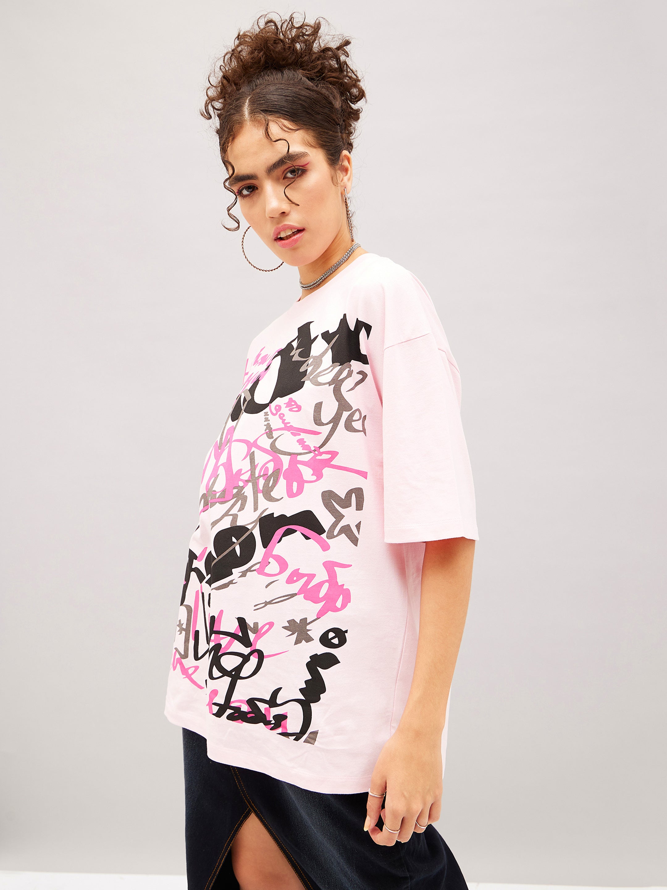 Women Pastel Pink Abstract Print Oversized T-shirt