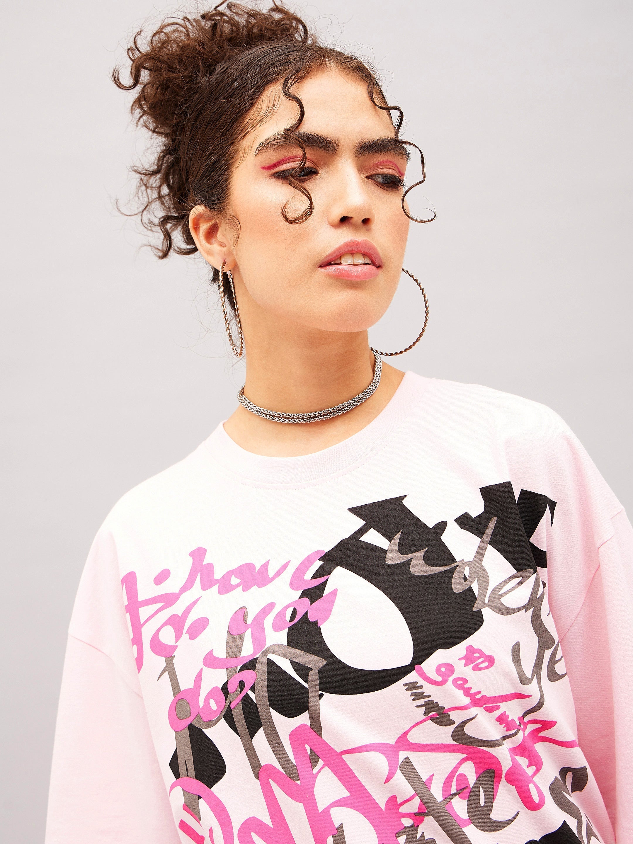 Women Pastel Pink Abstract Print Oversized T-shirt