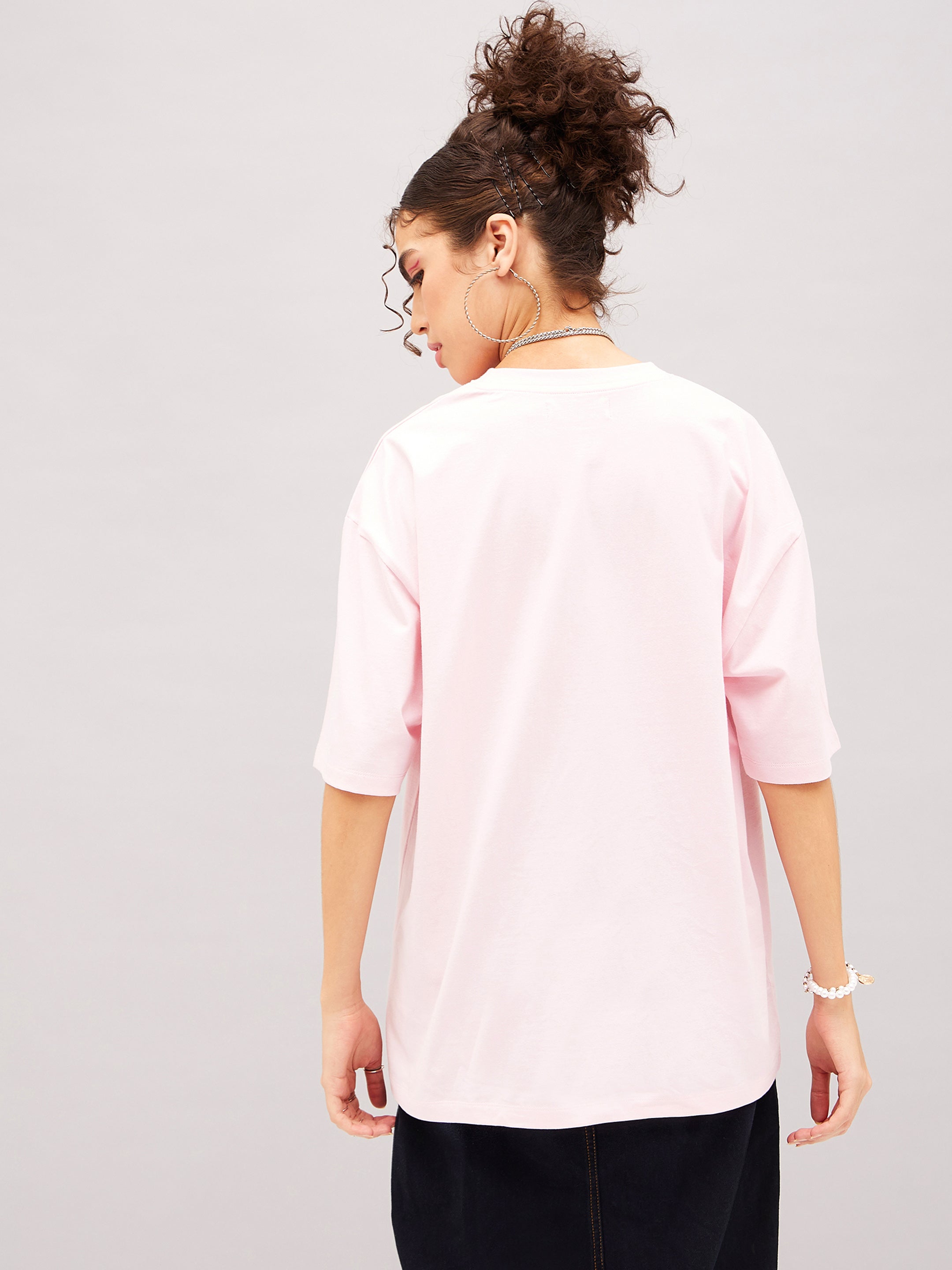 Women Pastel Pink Abstract Print Oversized T-shirt