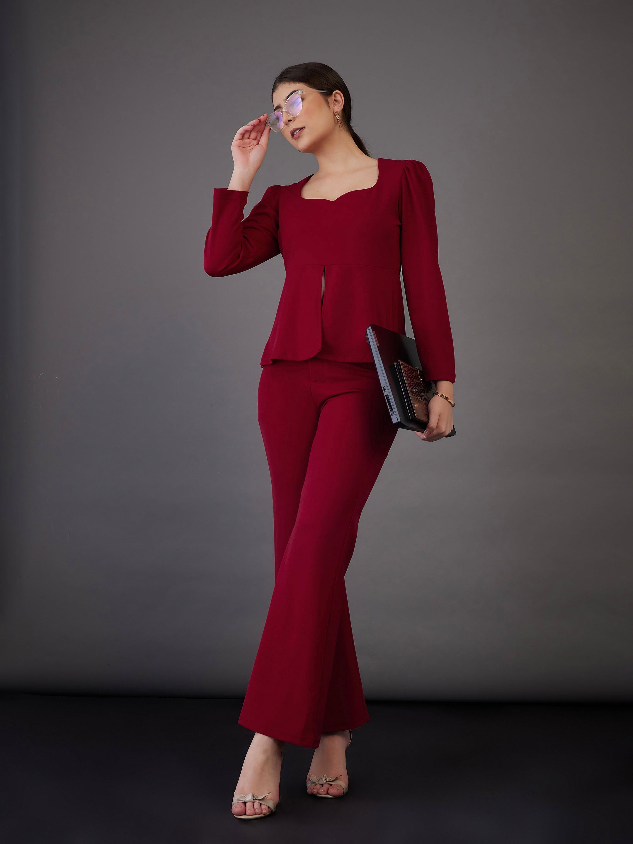 Women Red Sweetheart Neck Peplum Top