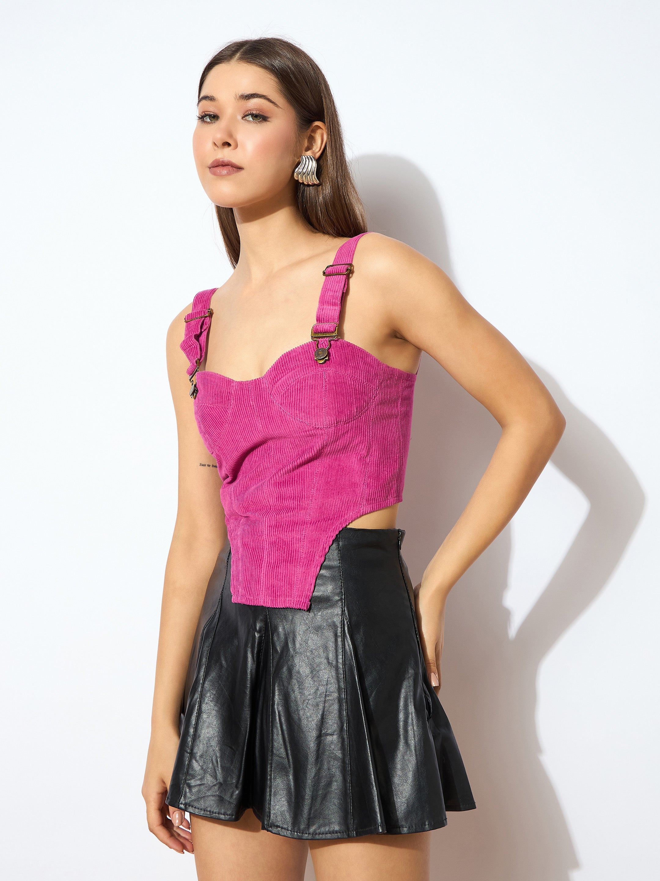 Women Pink Corduroy Bustier Crop Top