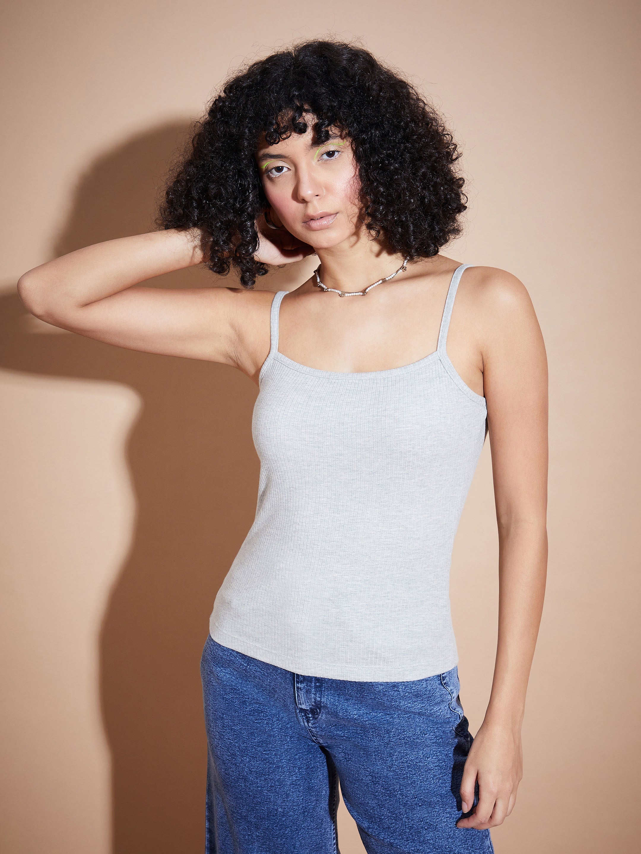 Women Melange Grey Rib Square Neck Strappy Top