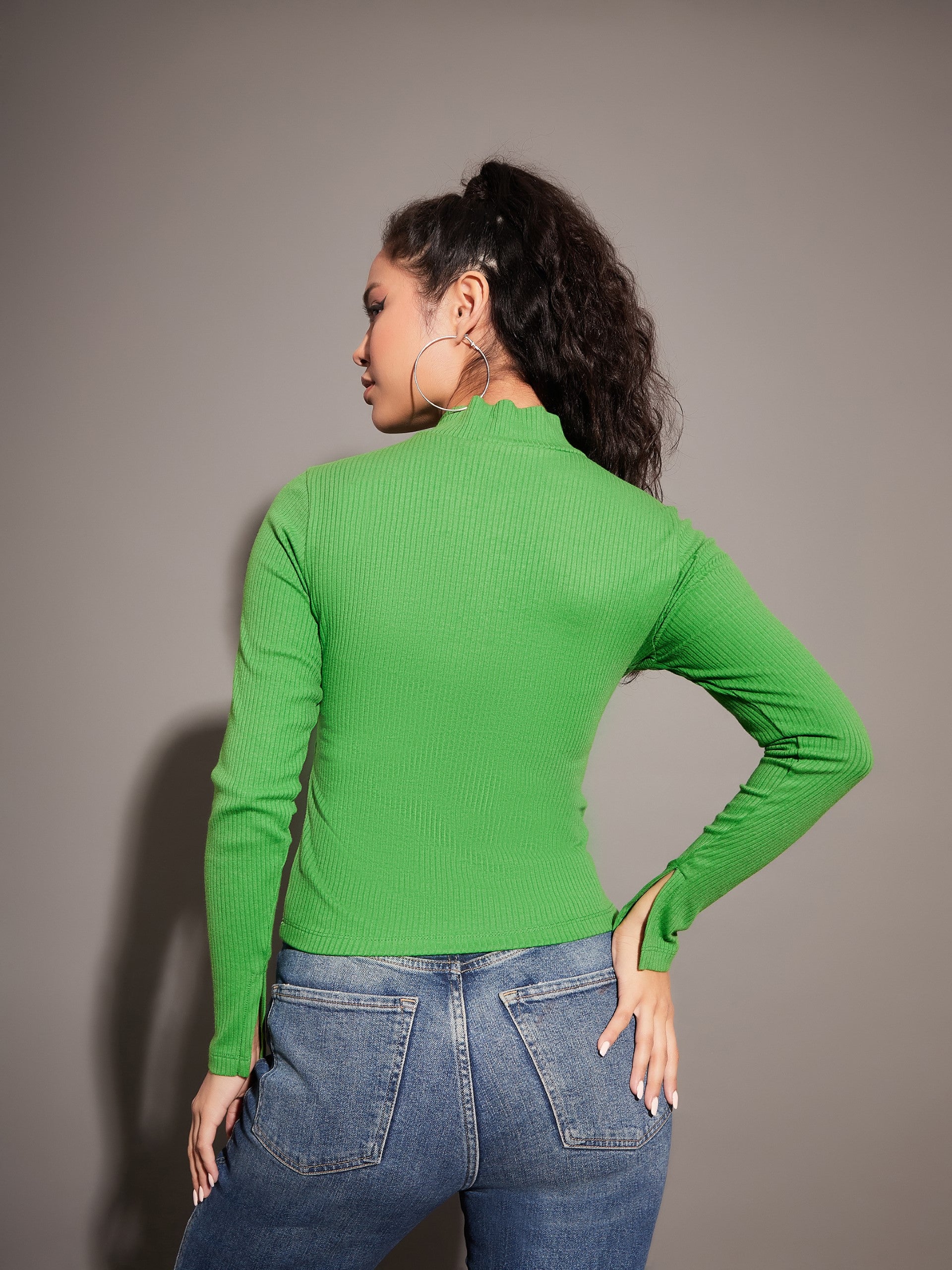 Women Green Rib High Neck Front Zipper Top